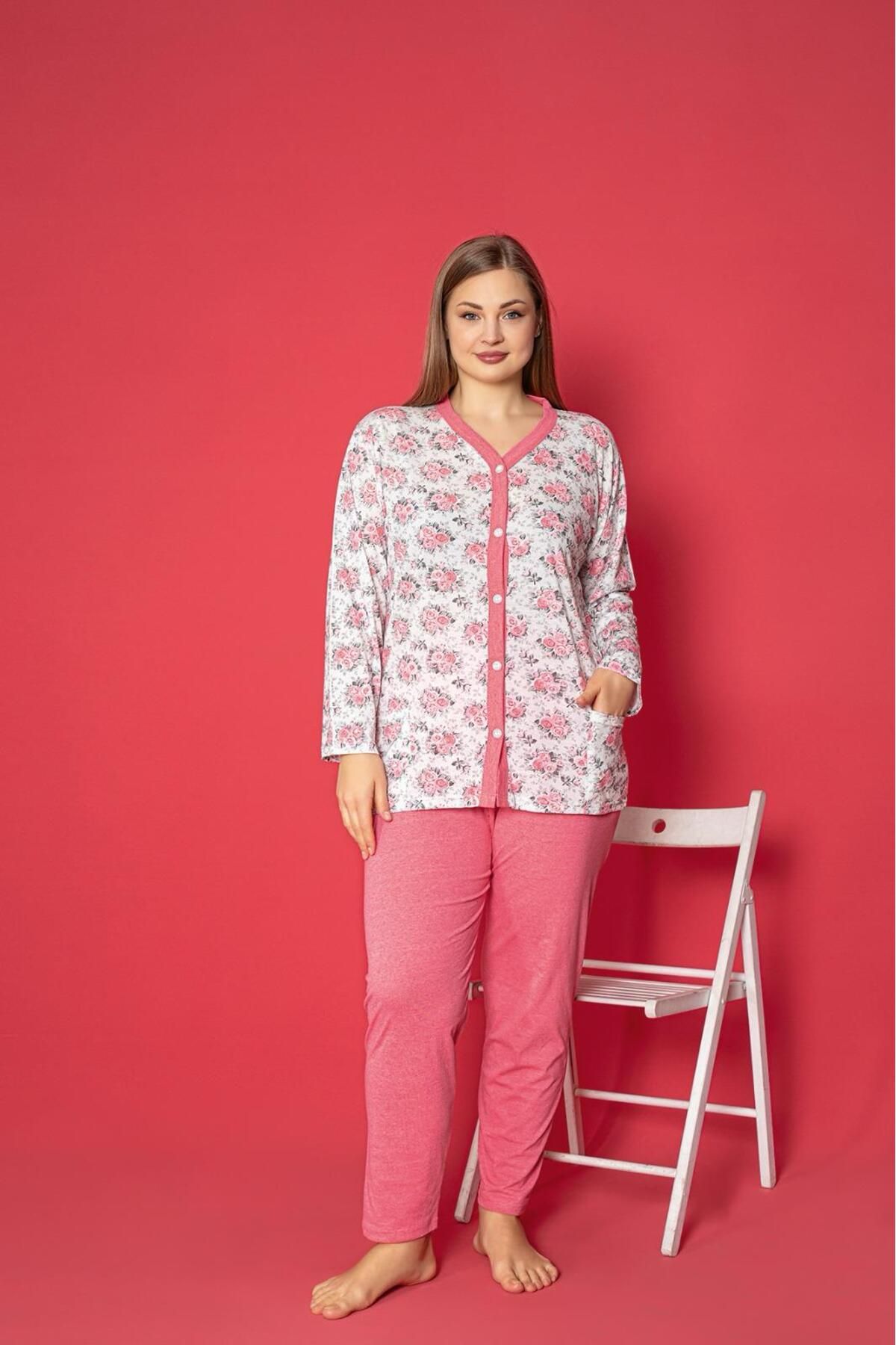 Farya Home X-Dreamy Büyük Beden Pamuklu Cepli Çiçekli Önden Düğmeli Pijama Takımı