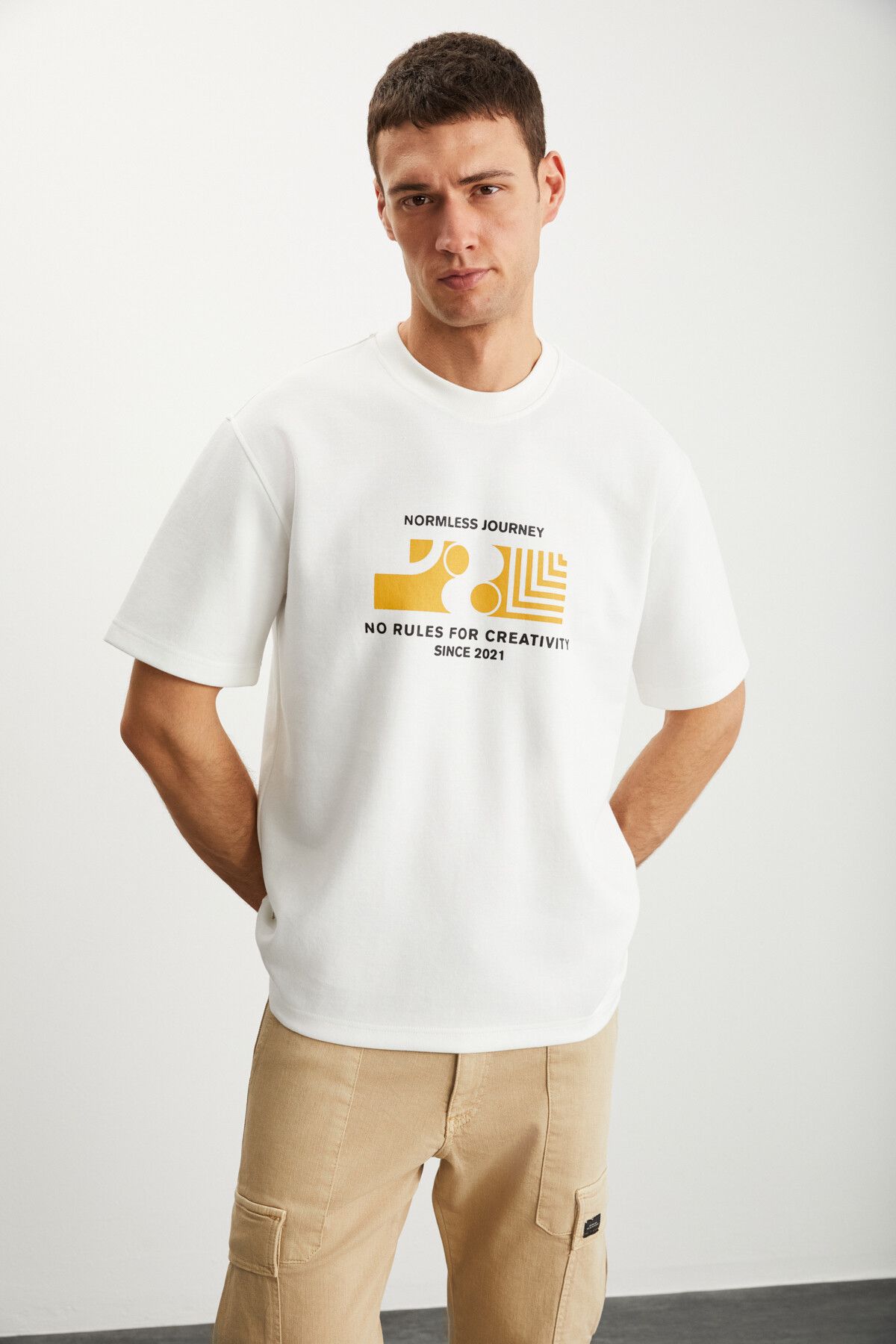GRIMELANGE RAMADANP008 Erkek 75% Pamuk 25% Polyester baskılı Ekru T-Shirt