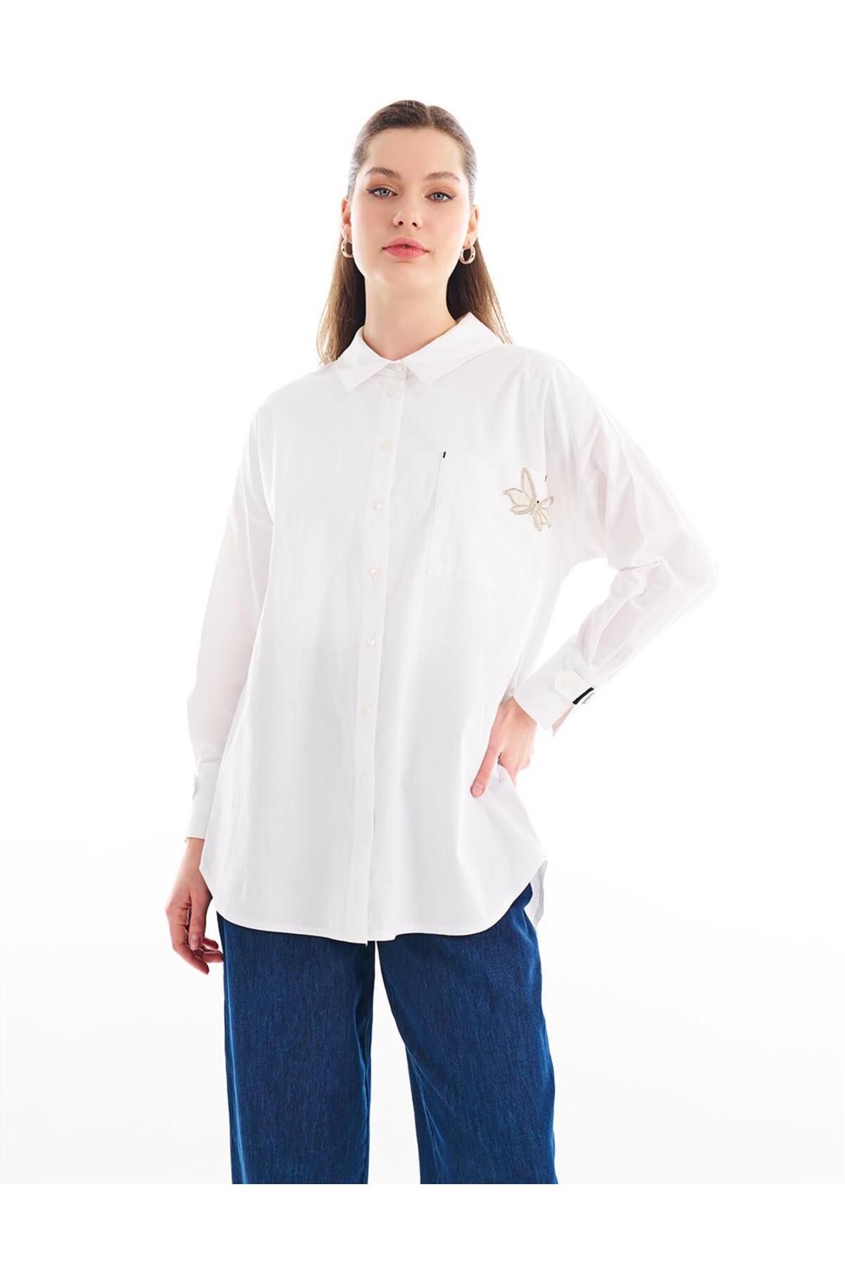 Kayra Aksesuar Detaylı Gömlek Yaka Tunik Optik Beyaz