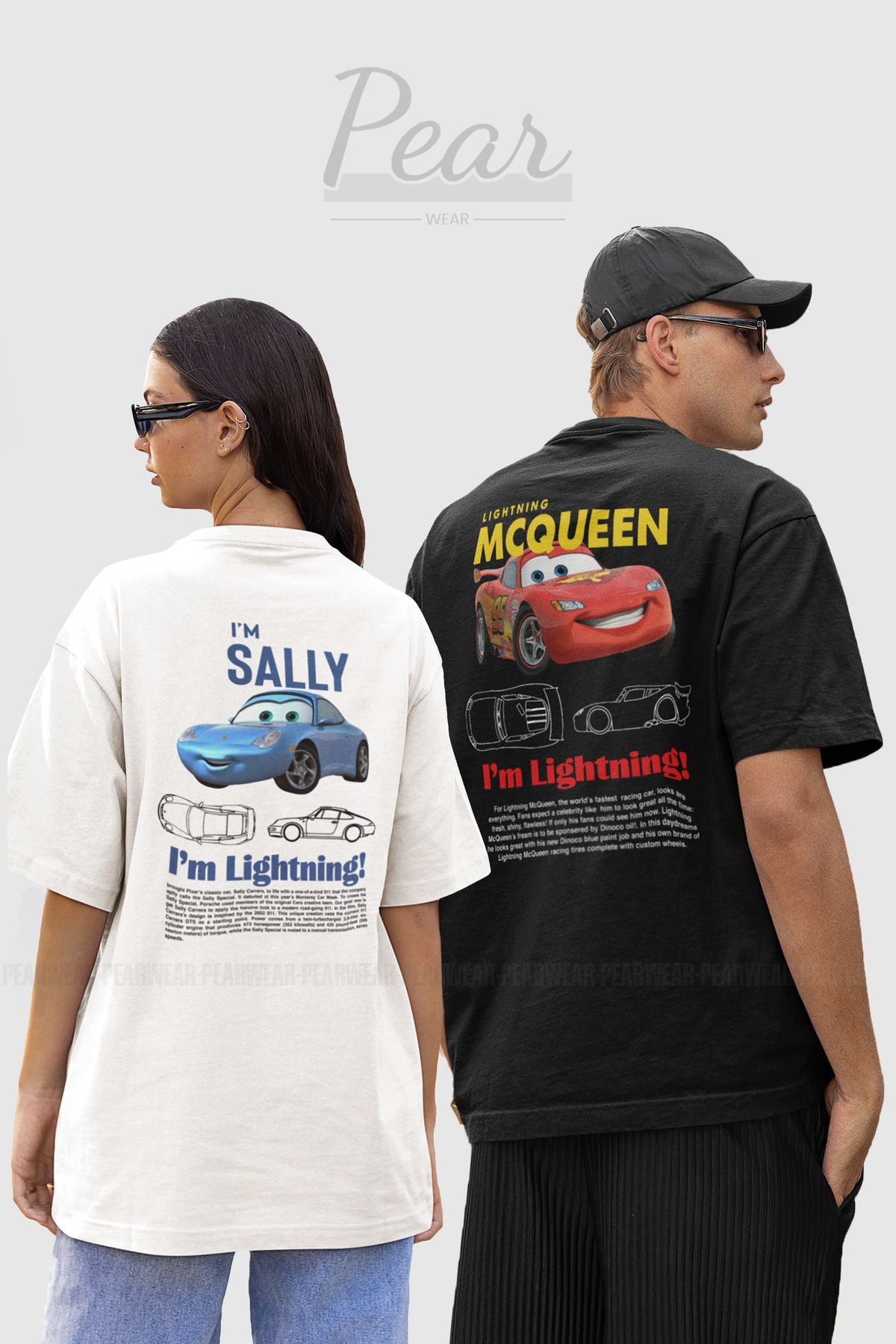 Pear Wear Sally & Mcqueen Cars Baskılı 2'li Tişört Sevgili Unisex Çift Oversize T-shirt