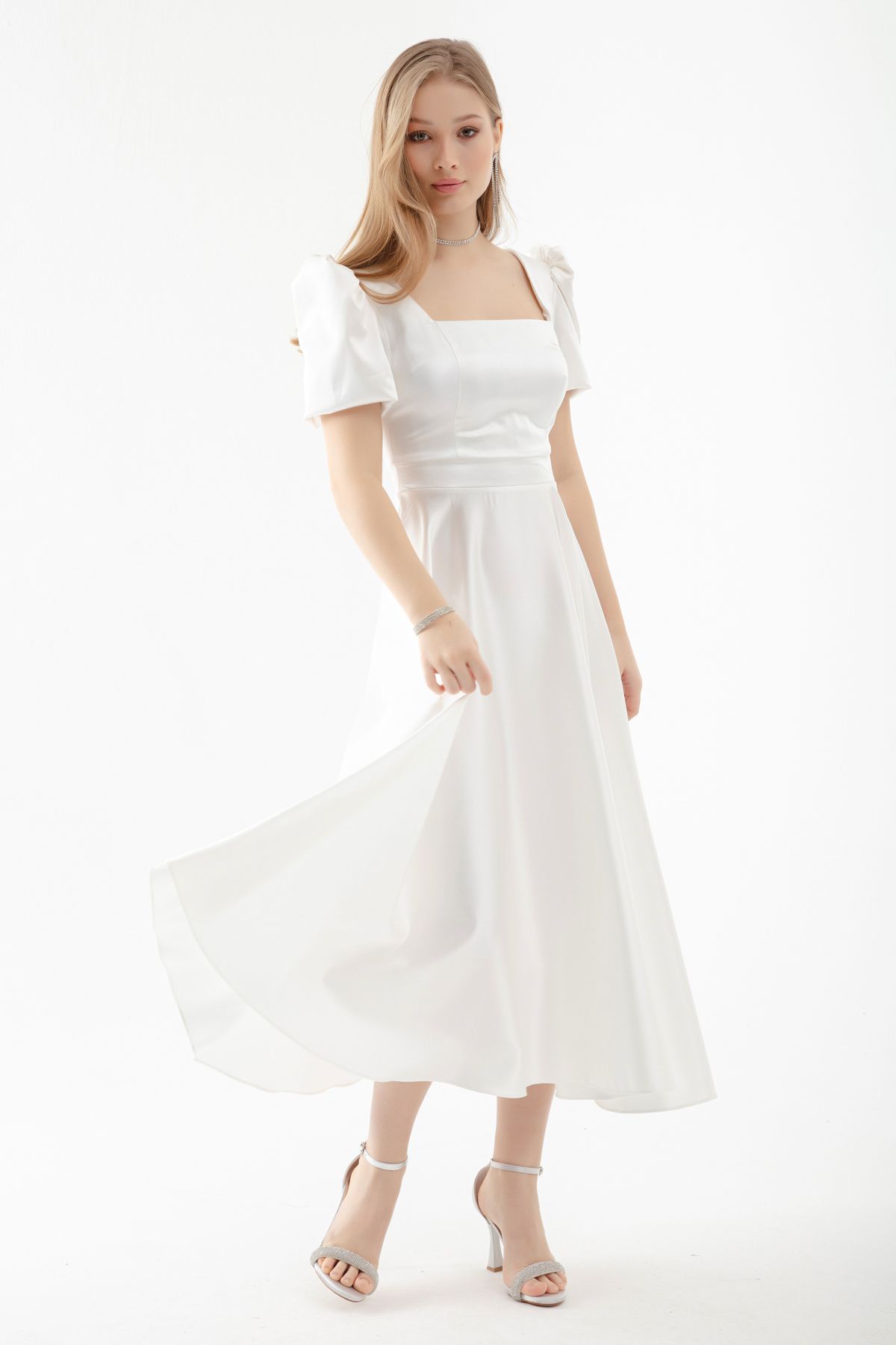 Lafaba Kadın Beyaz Kare Yaka Balon Kollu Midi Abiye Elbise