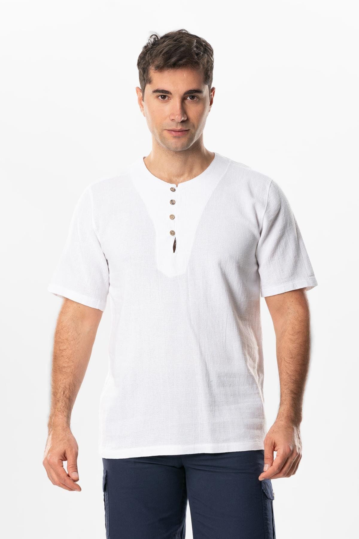 Eliş Şile Bezi Halikarnas Kısa Kol Violet Düğme Detaylı Erkek Yazlık Tshirt Beyaz Byz