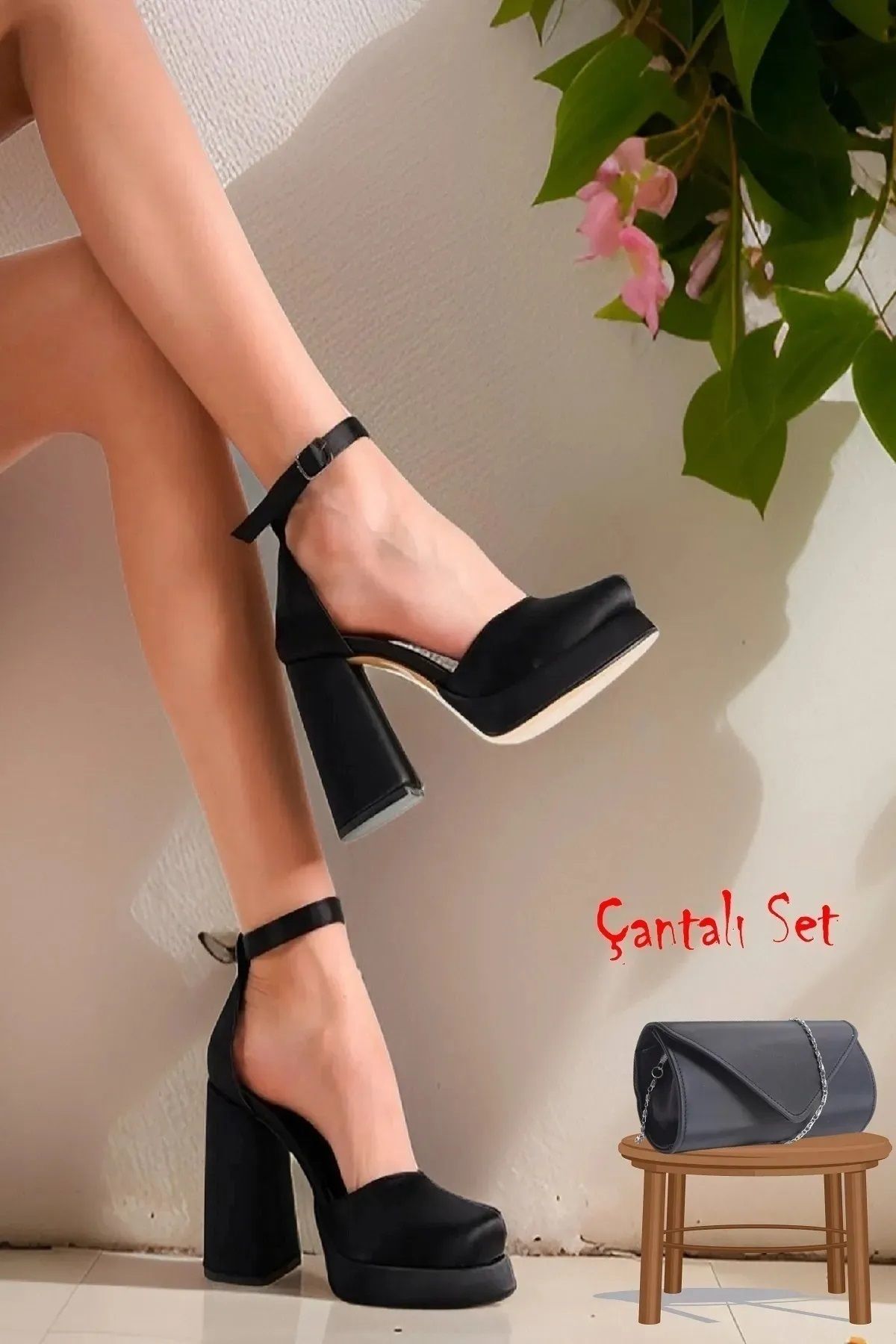 BAKGİY Siyah saten Kadın Platform Topuklu Ayakkabı Ve Çanta Hediyeli BG1115-119-0008