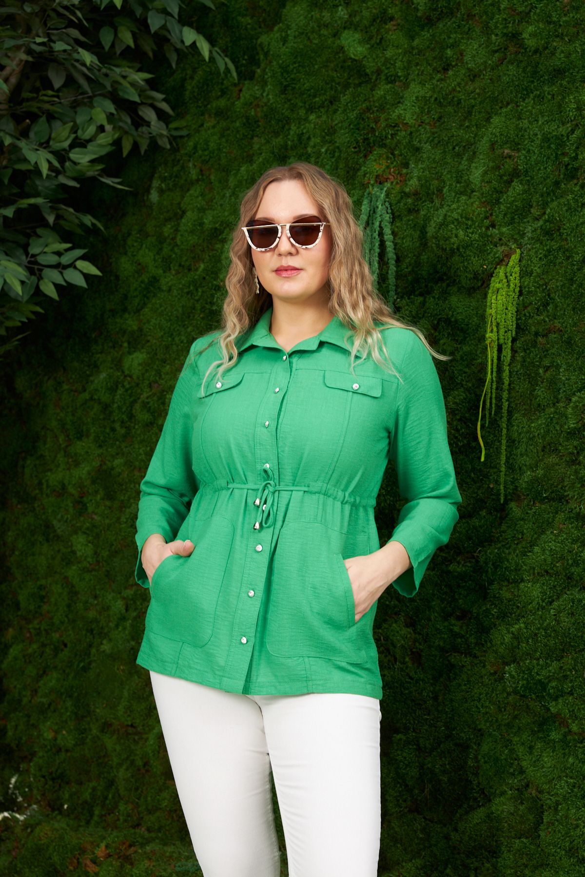 Rmg Kadın Bel Bağcık Detaylı Büyük Beden Yeşil Keten Ceket