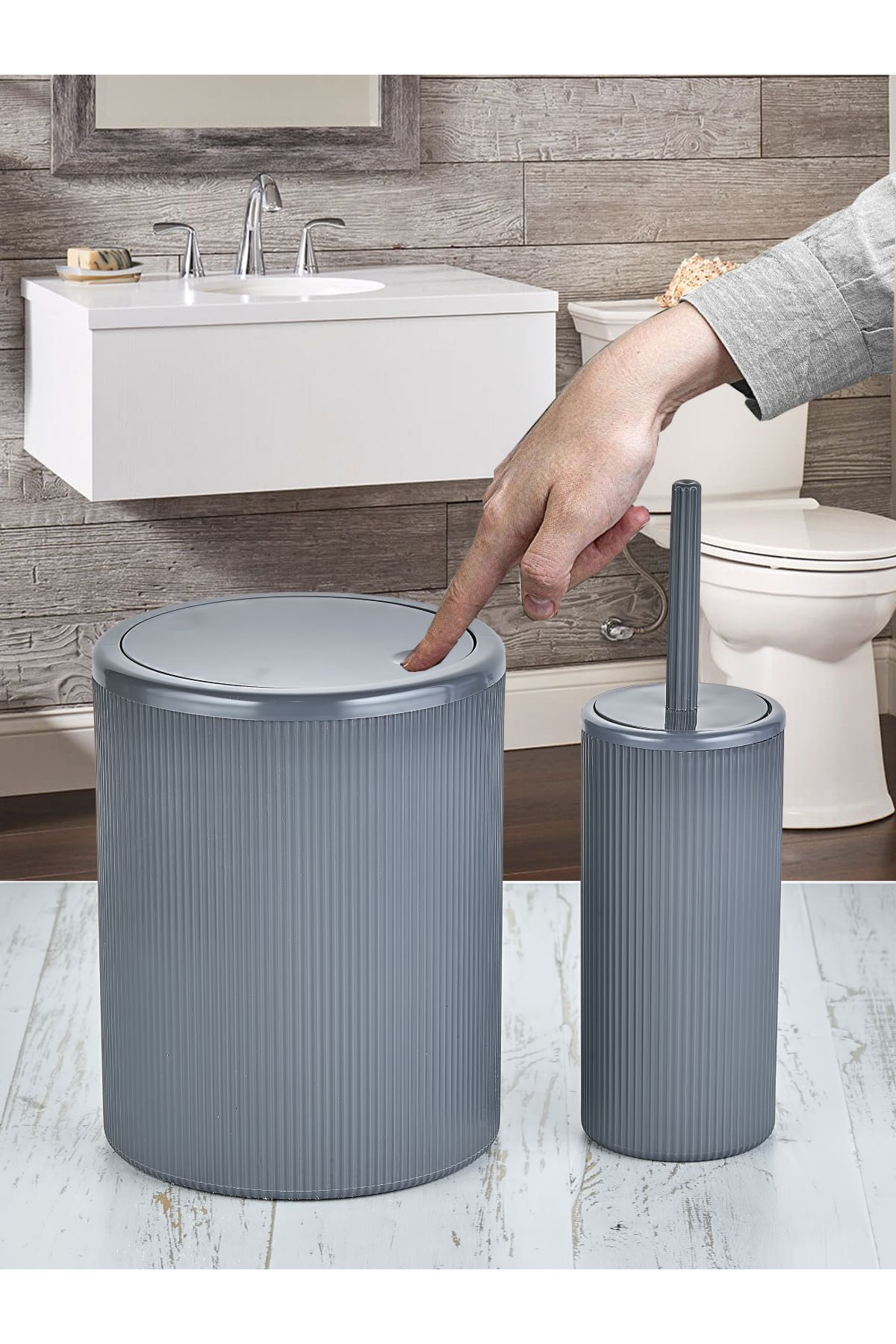 Tugomer 2'li Banyo Seti -Stil Yuvarlak Dokunmatik Pratik Kapaklı Çizgili Banyo Çöp Kovası -