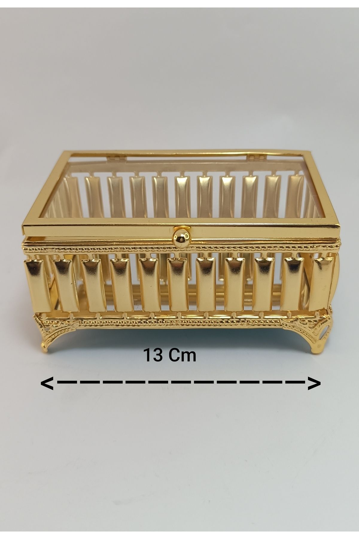 kristal home Metal Aynalı Cam Kapaklı Çikolata ve Mücevher Takı Kutusu Gold Sunumluk Küçük Boy , 13cm