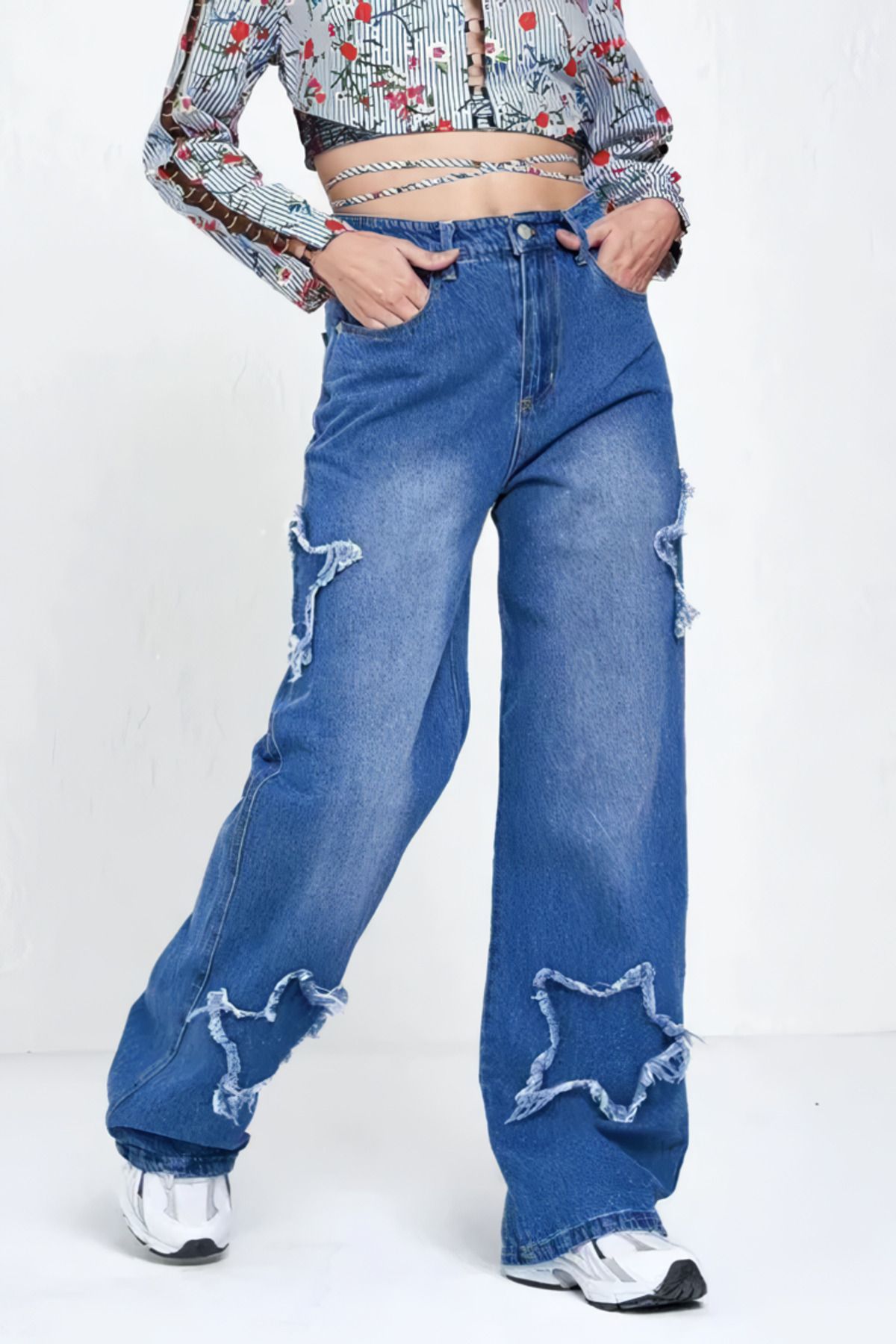 Ef Butik Mavi Y2k Stars Patch Detay Jeans