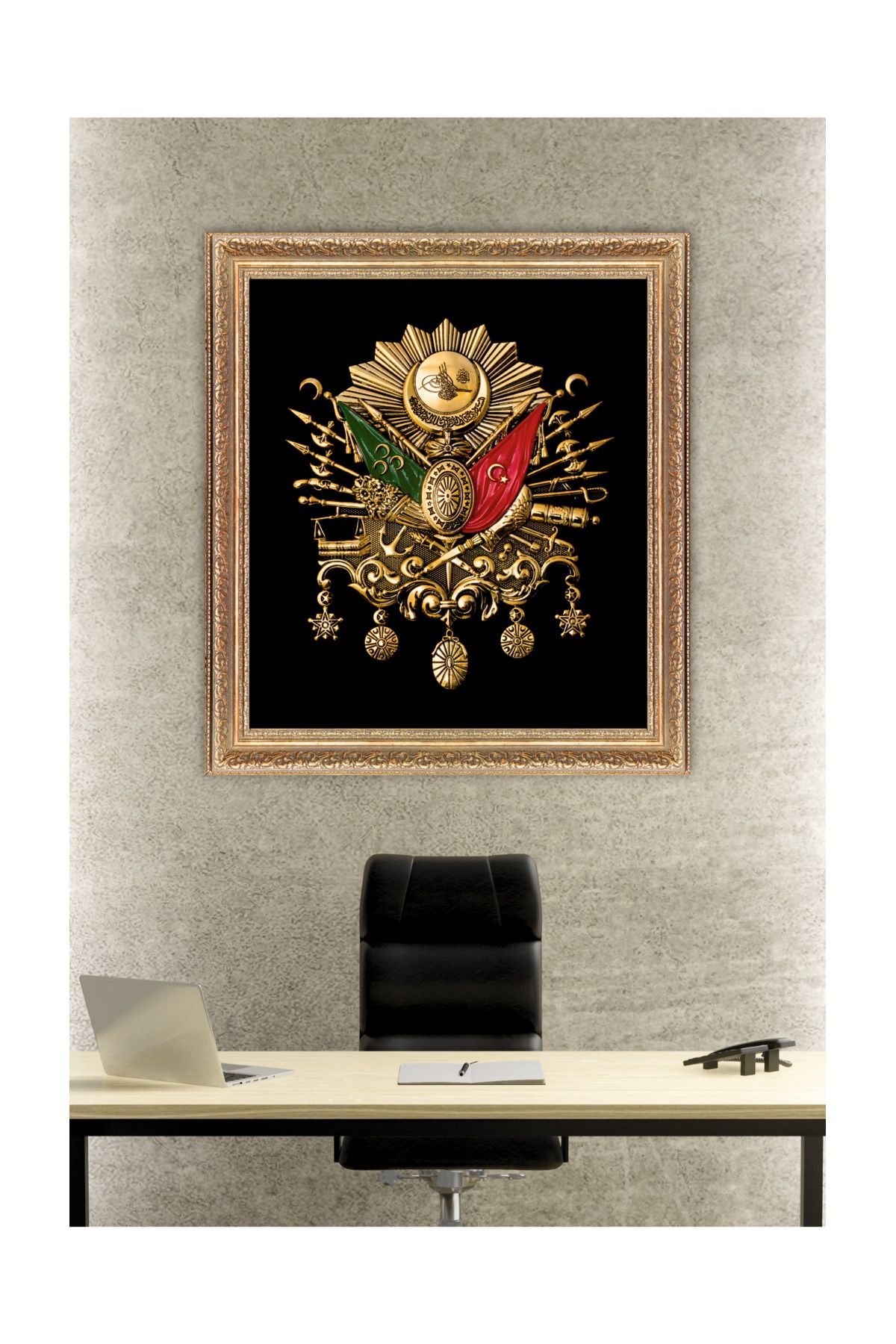 Tuğra Sanat Galerisi Osmanlı Devlet Arması Dekoratif Camlı Tablo 65x60 Cm Ve 40x35 Işlemeli Altın Renk Çerçeve