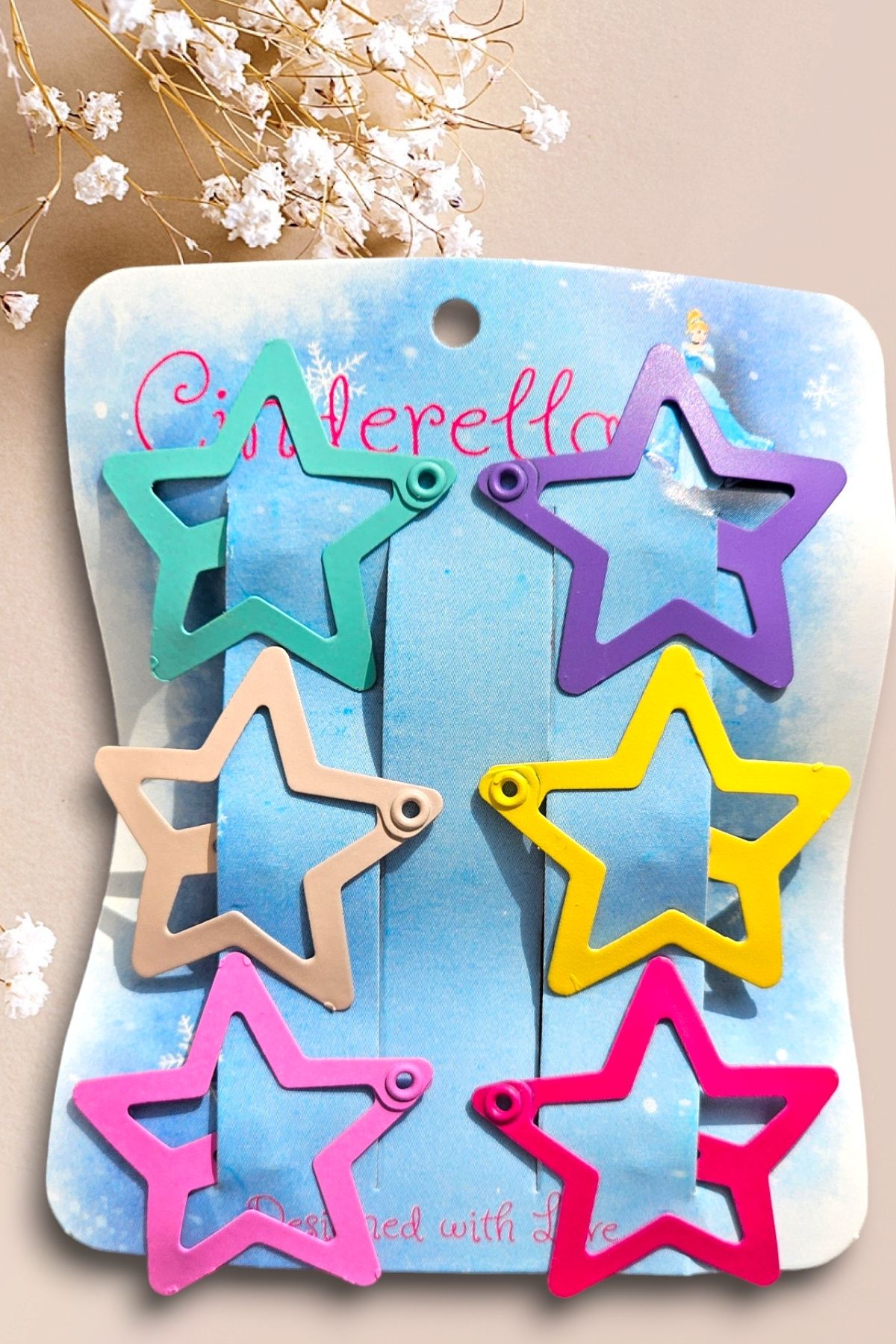 Cinderella 6'lı Yıldız Çıtçıtlı Toka Pastel Renkli - Yıldız Çıt Çıt Toka Seti - Yıldızlı Çıtçıt Toka
