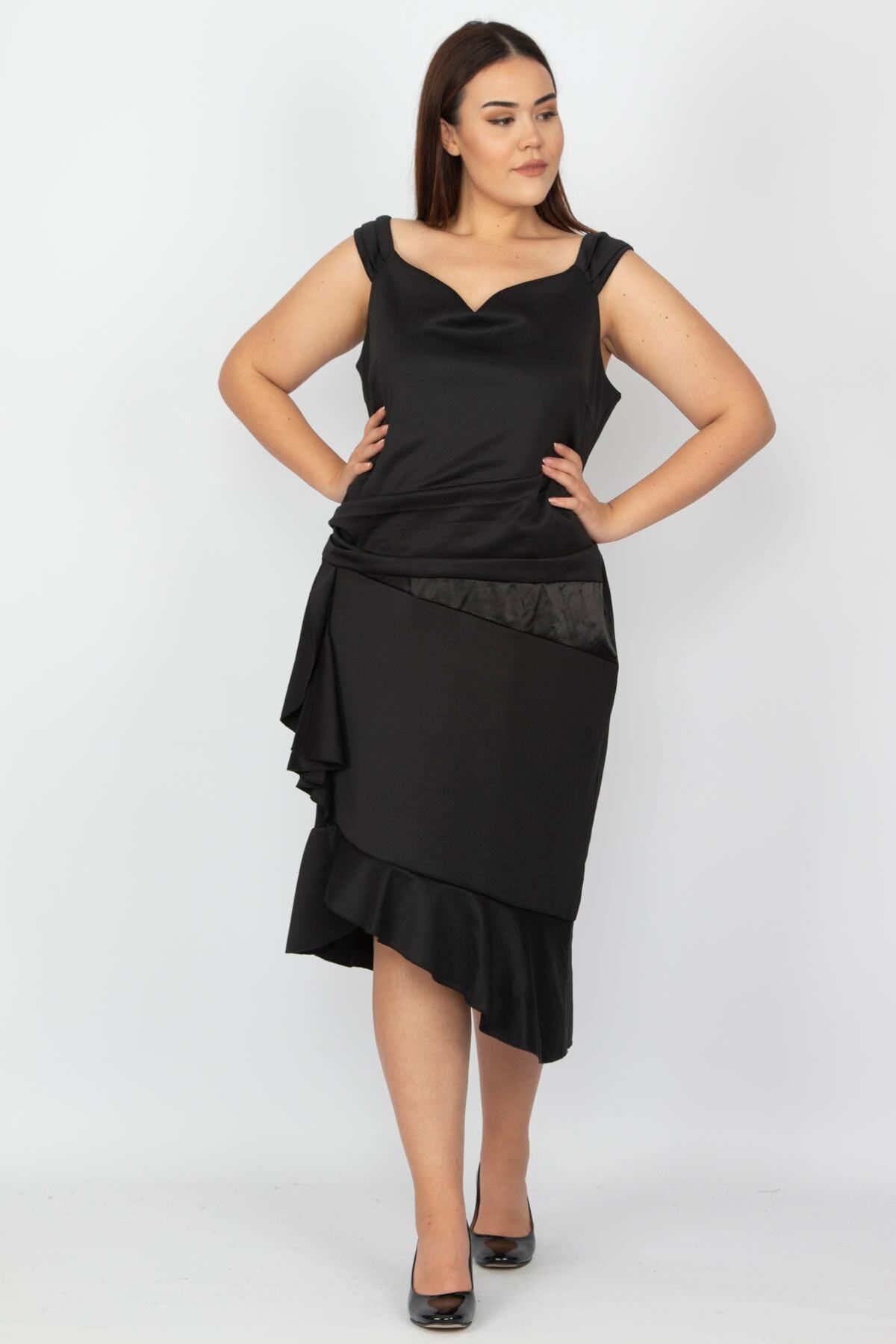 Şans Kadın Büyük Beden Siyah Bel Ve Etek Detaylı Elbise 65n19618