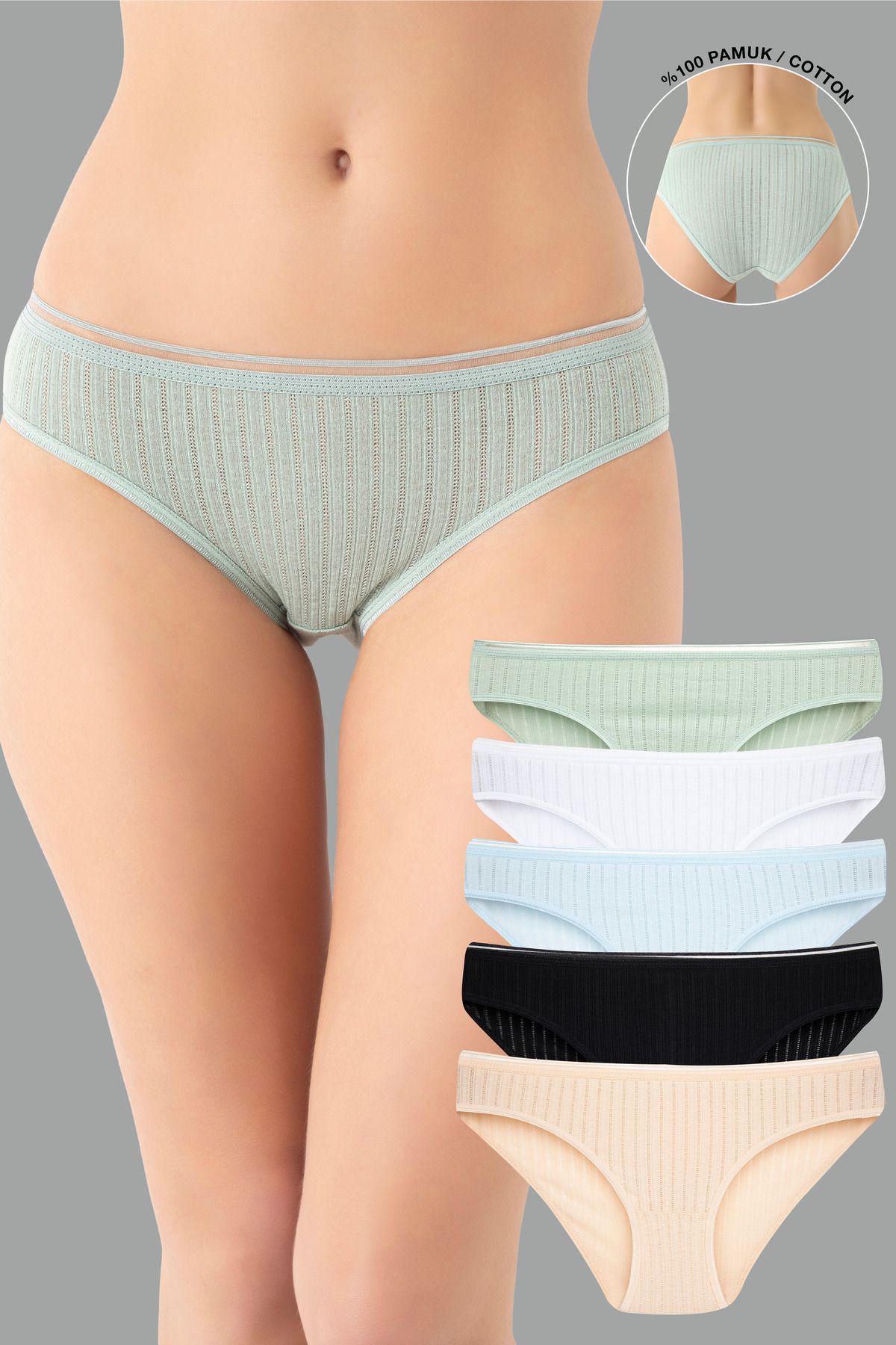 Ramior 5'Lİ Paket Zincir Dikişli Nefes Alan Kumaş % 100 Pamuk Bikini Külot(siyah,yeşil,mavi,beyaz,ten)