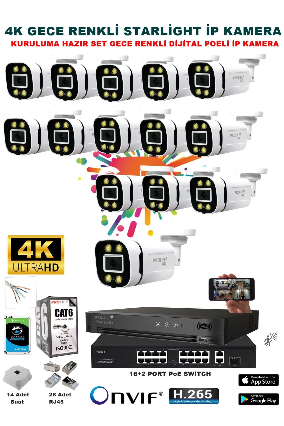 PROLİFE 14 Kameralı Sesli 4k 1440p Full Hd Poeli Ip Kamera Gece Renkli Ultra Hd Çözünürlük Kamera Sistemi