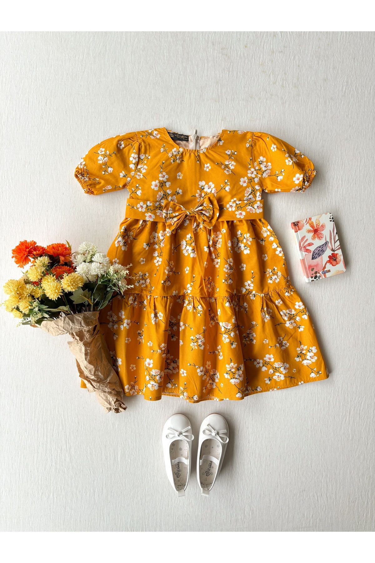 KÜÇÜĞÜM BUTİK Hardal Sarısı Rengi Kız Çocuk Bahar Dalı Poplin Elbise