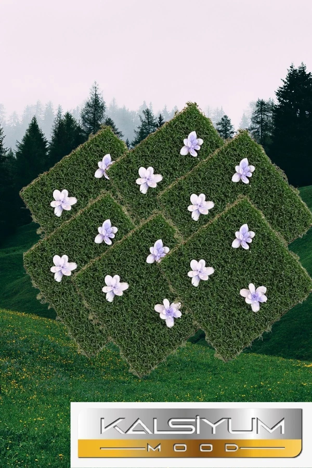 Kalsiyum Mood 3 Lü Set Dekoratif Çim Yapay Çiçekli Gider Süzgeç Kapağı Yapay Dekor Kapak Koku Önleyici Halı Çim