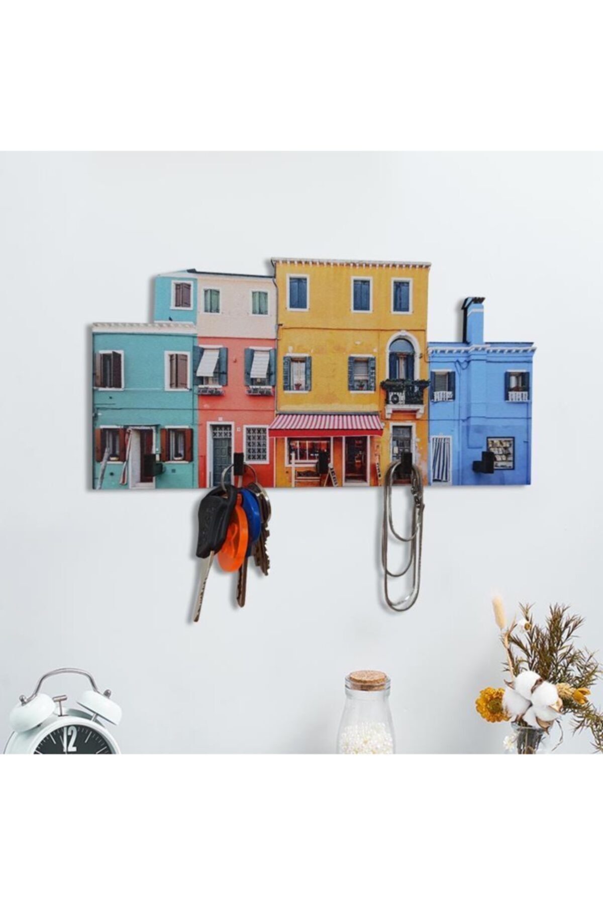 CajuArt Renkli Ev Desenli Ahşap Anahtarlık Hol Antre Anahtar Askı