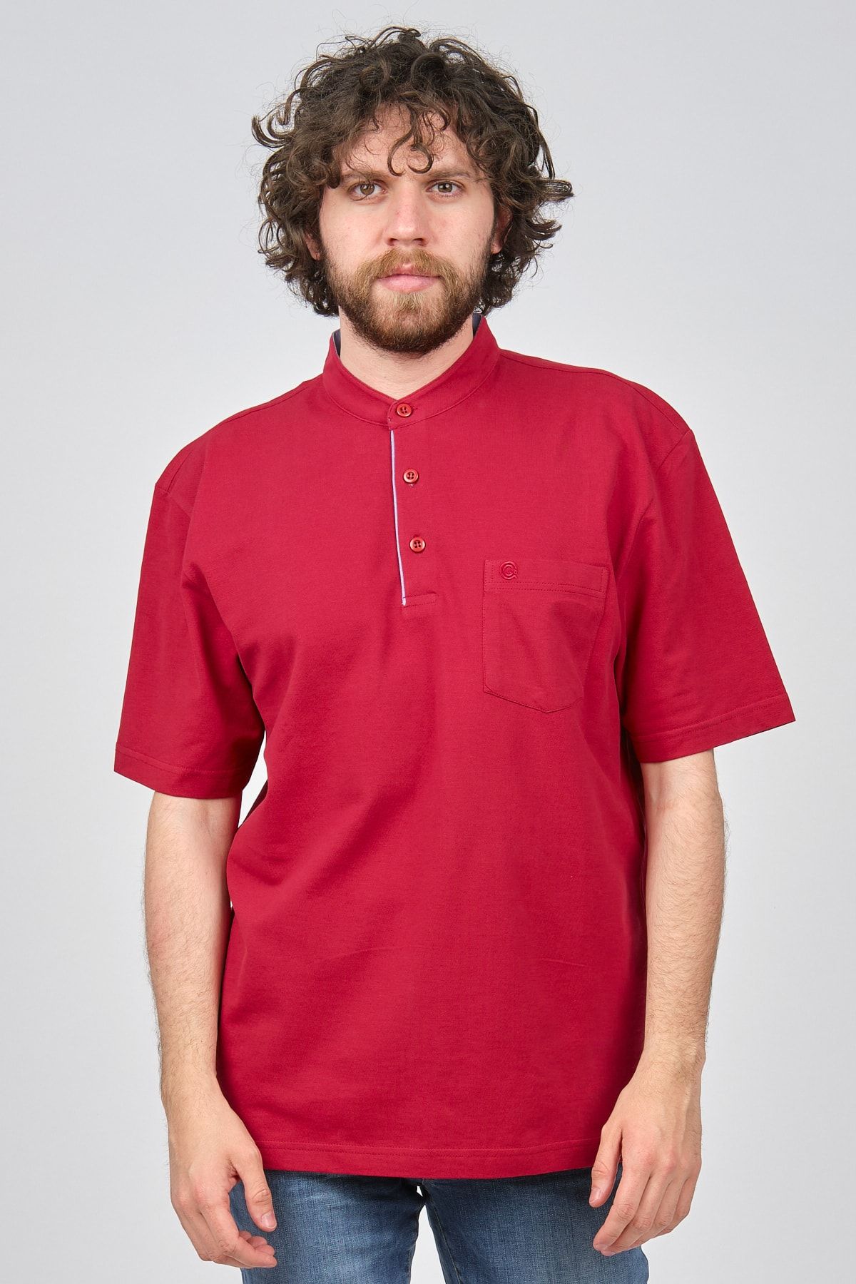 Çizgi Triko Erkek Cep Detaylı Dik Yaka T-shirt 4253303 Kırmızı
