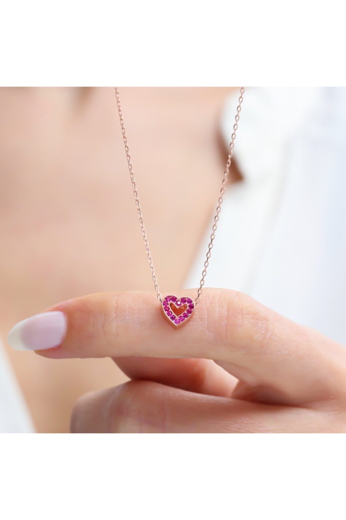 Mia Vento Fuşya Taşlı Minimal Kalp Rose Renk Gümüş Kolye