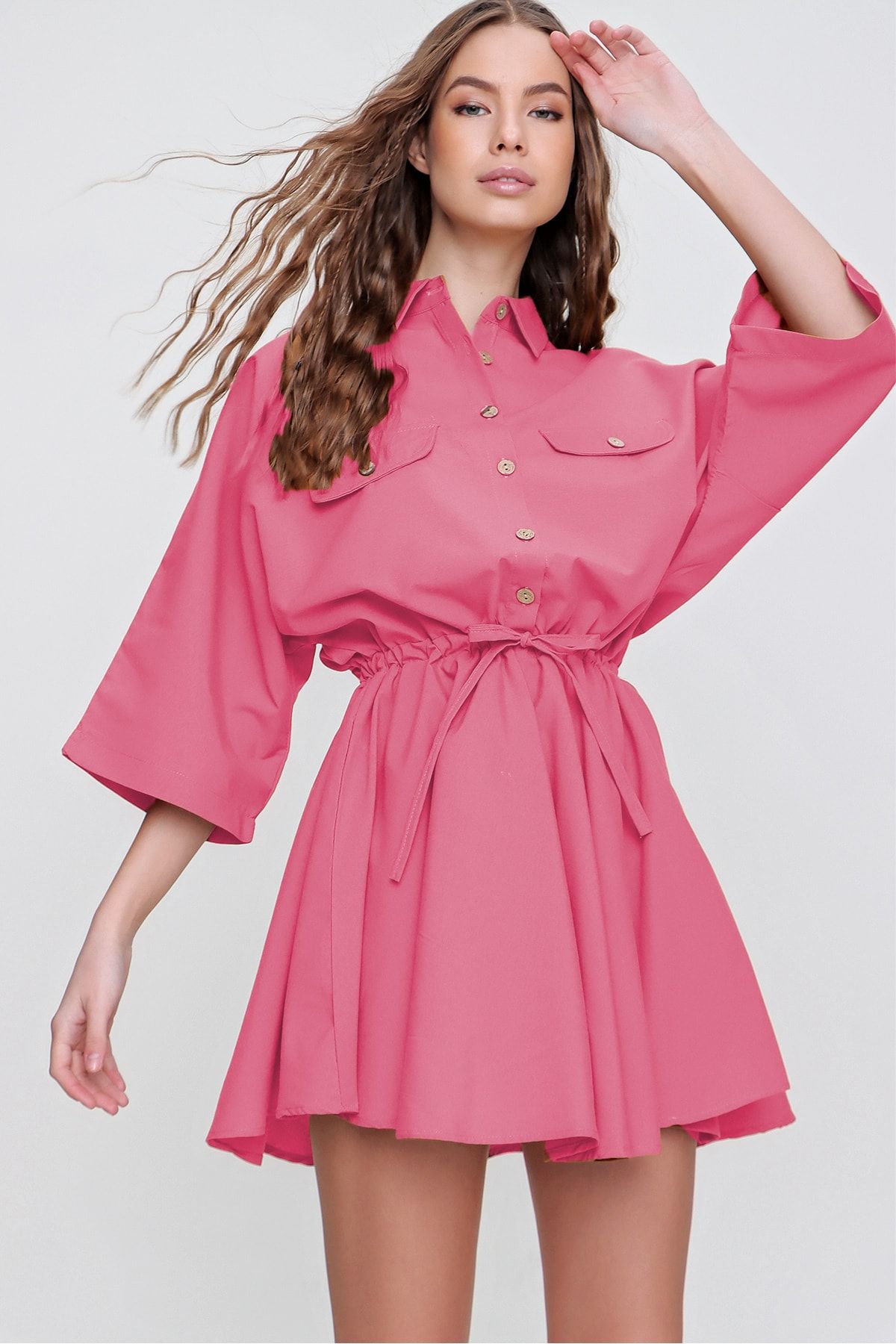 Trend Alaçatı Stili Kadın Fuşya Safari Dokuma Gömlek Elbise ALC-X6196
