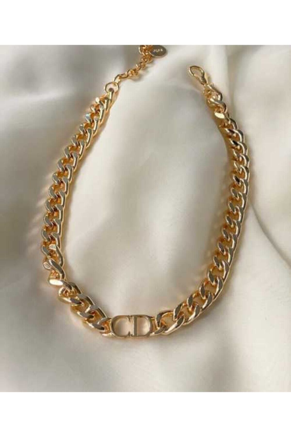 Elmas Dizayn Kadın Altın Christian Dior Model Ithal 1. Kalite Kararmaz Kalın Zincir Cd Kolye