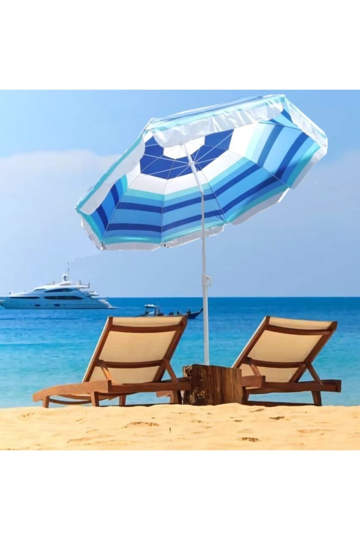 Depolife 2 Metre Plaj Şemsiyesi Eğilebilir Deniz Bahçe Balkon Piknik Kamp Güneş Şemsiyesi Katlanır Mavi Beyaz