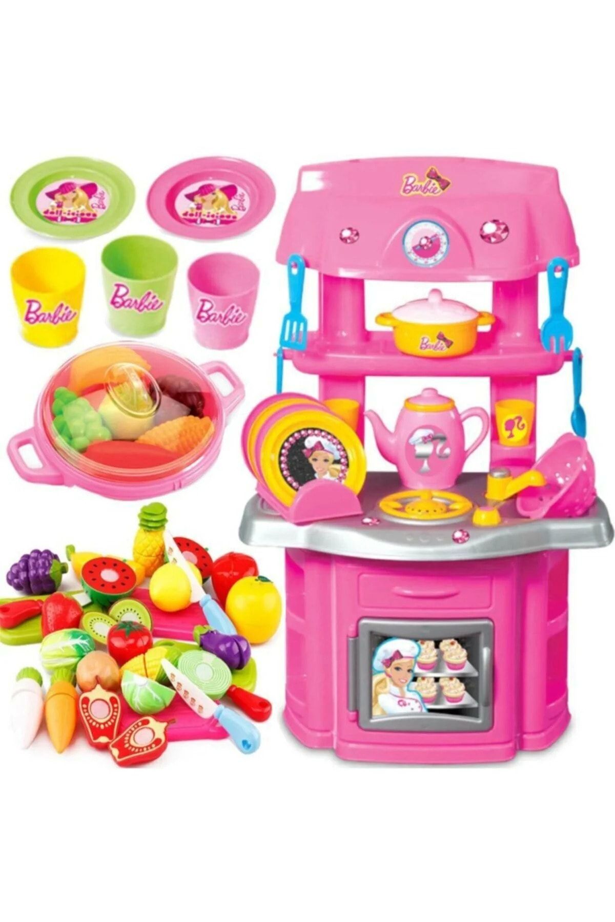 DEDE Barbie Oyuncak Şef Mutfak Seti + Tencere + Kesilebilen Meyve Sebze Set Kız Oyuncak Depomiks