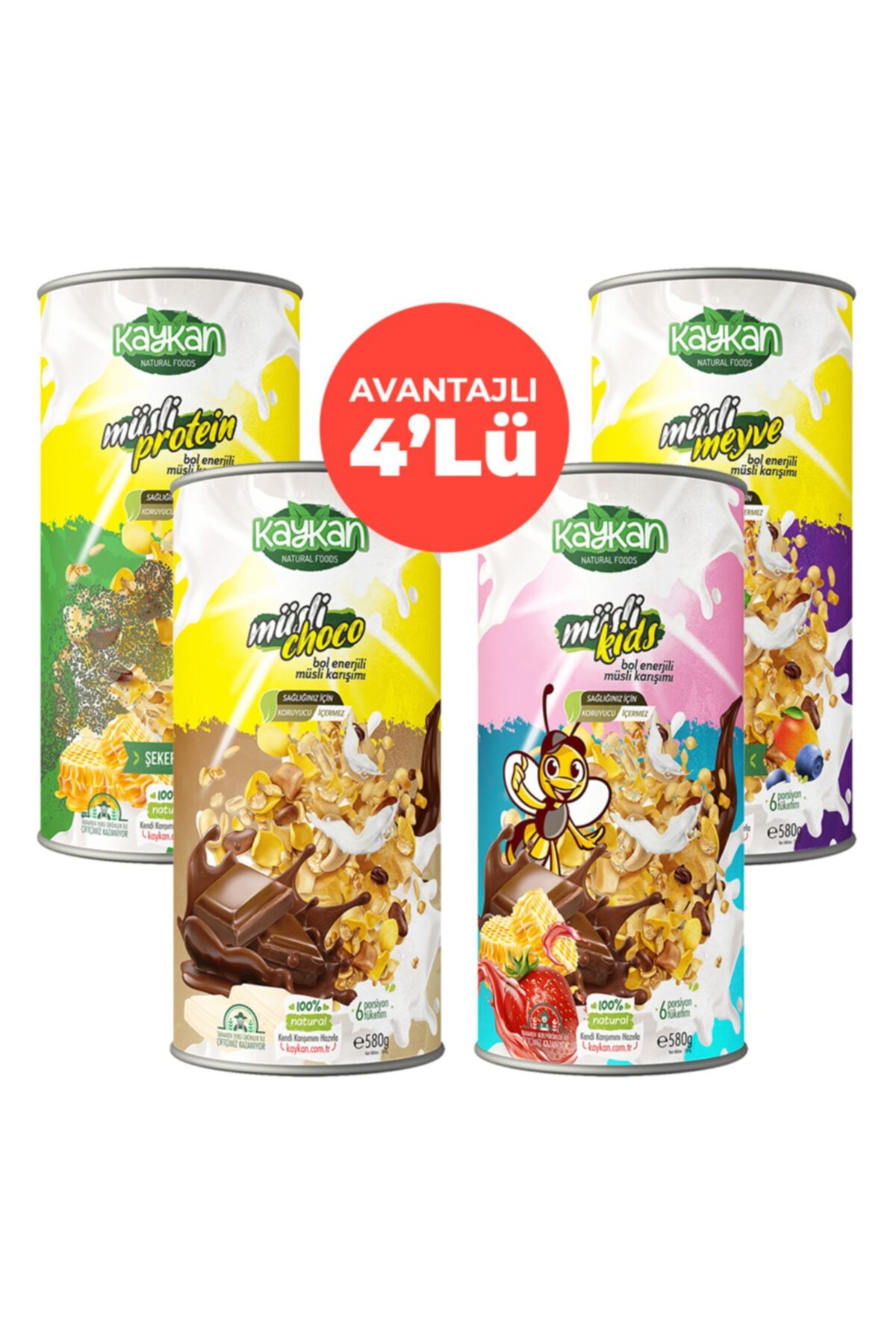 Kaykan Natural Foods Müsli Choco + Müsli Kids + Müsli Meyve + Müsli Protein Granola 580 gr 4'lü Paket