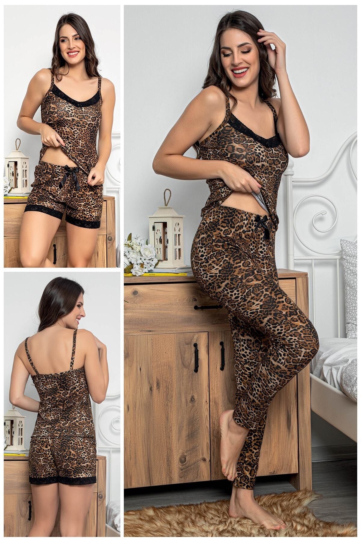 MyBen Kadın Leopar Desenli Dantel Detaylı Şortlu Ve Taytlı Pijama Takımı 3'lü Set 75000