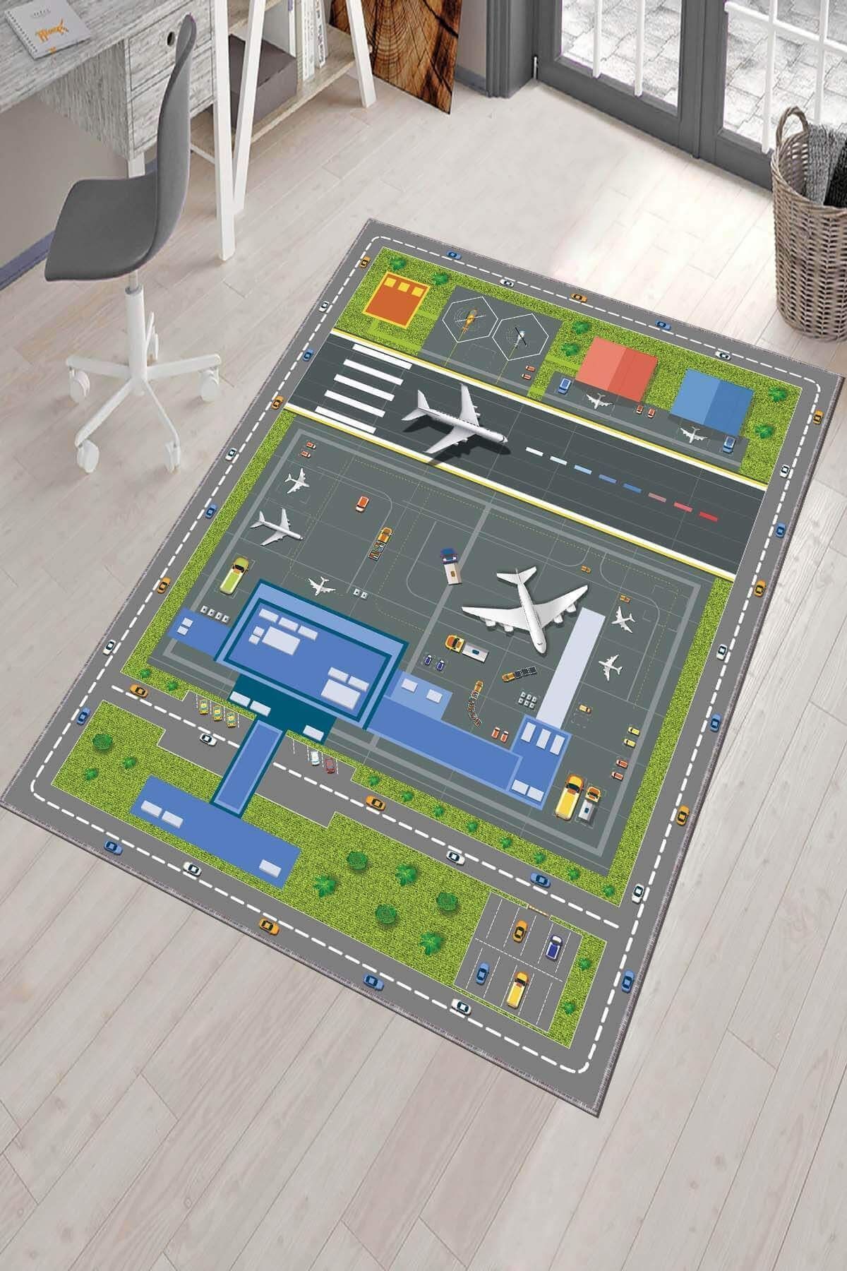 NeluxHome Kaymaz Tabanlı Makinede Yıkanabilen Havaalanı Airport Çocuk Oyun Halısı Ar292