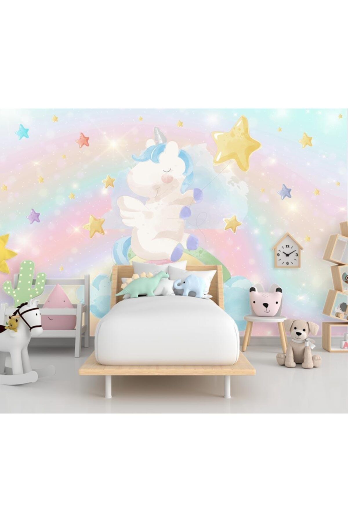 Özen Duvar Kağıtları Gökkuşağı Üzerinde Unicorn Çocuk Odası Duvar Kağıdı