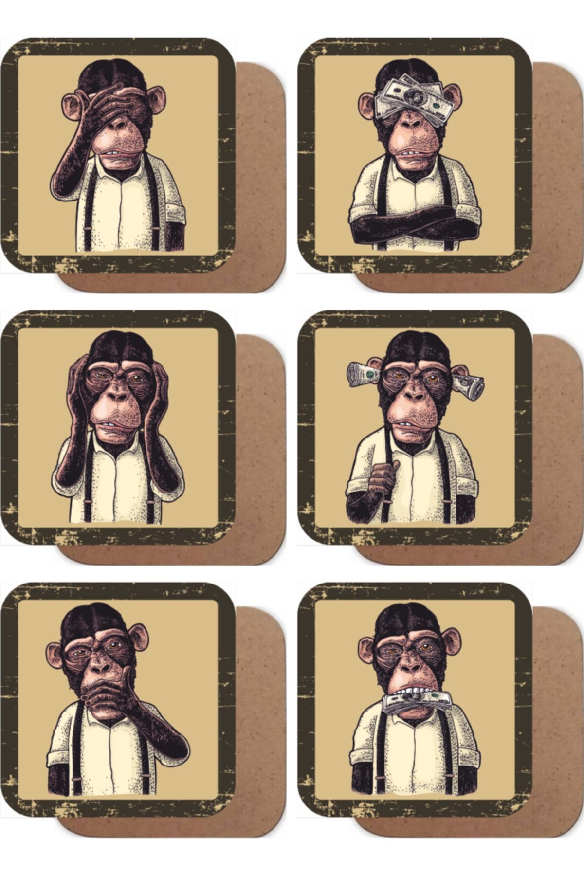 Hayat Poster Paracı Üç Maymun 6lı Ahşap Bardak Altlığı Seti