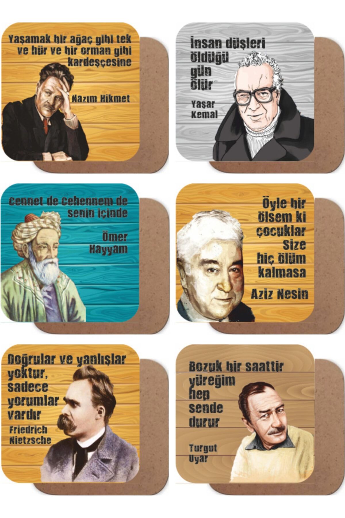 Hayat Poster Nazım Hikmet, Yaşar Kemal, Aziz Nesi Edebiyat Temalı 6lı Ahşap Bardak Altlığı Seti