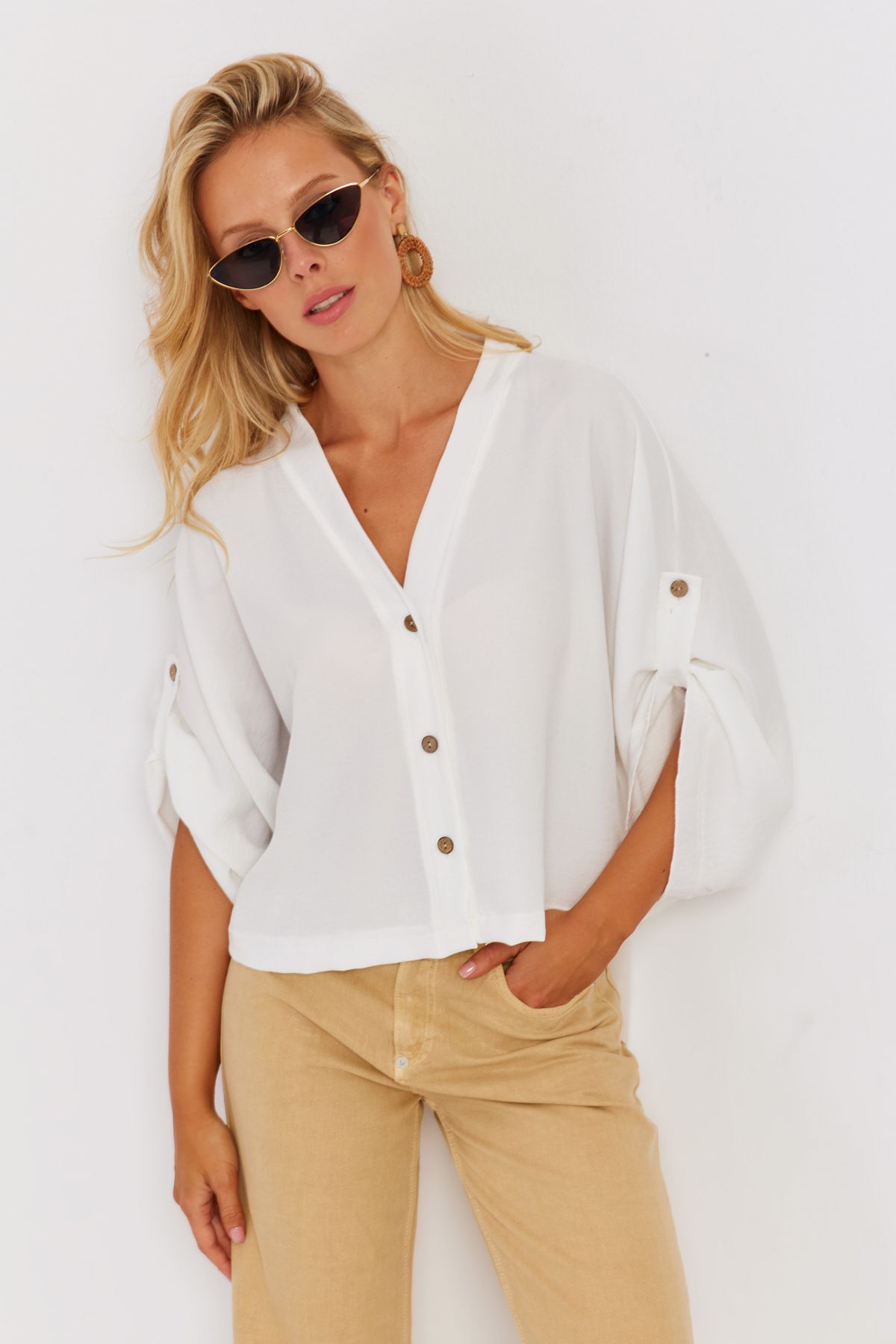 Cool & Sexy Kadın Beyaz Yarasa Kol Kısa Gömlek GÇ160
