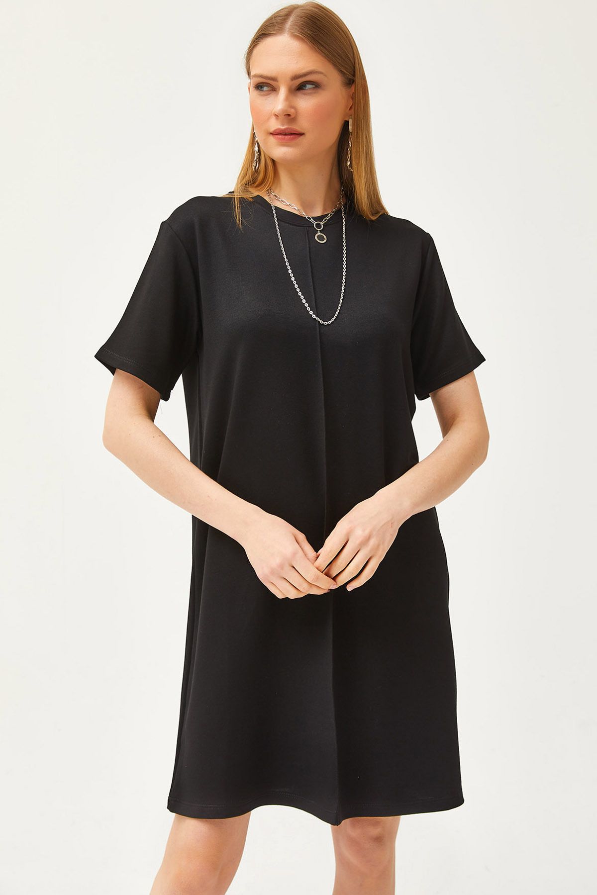 Olalook Kadın Siyah Önü Dikişli Yumuşak Dokulu Mini Elbise ELB-19002087