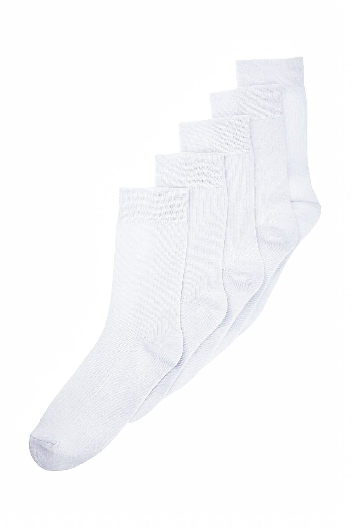TRENDYOL MAN Beyaz  5'li Paket Pamuklu Dokulu Kolej-Tenis-Orta Boy Çorap TMNSS24CO00006