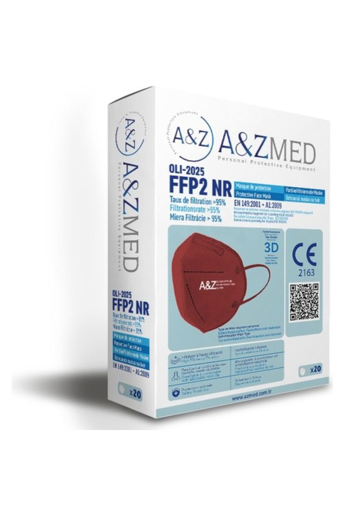 A&Z Med N95/FFP2 Maske Telli ve Tek Tek Paketli 10 Adetlik 1 Kutu - Toplam 10 Adet Maske - Bordo