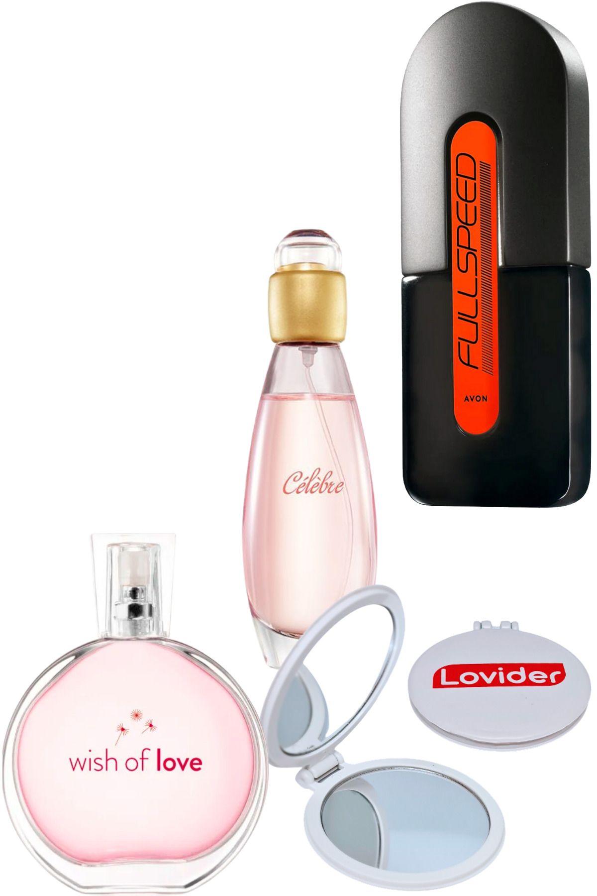 Avon Wish Of Love Kadın + Celebre Kadın + Full Speed Erkek Parfüm + Lovider Cep Aynası
