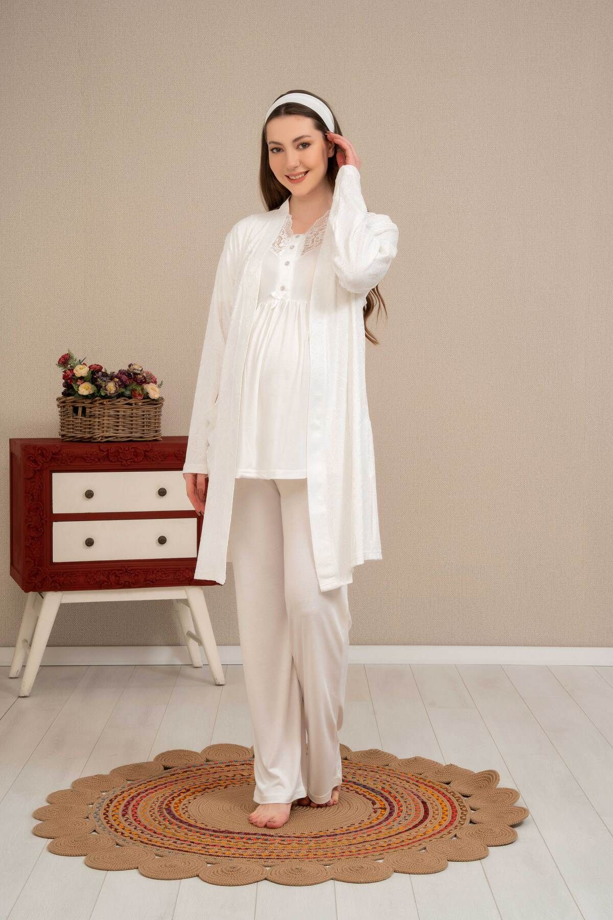Lohussa Kadın Ekru Kendinden Desenli Yazlık Pamuklu Hamile Lohusa Sabahlık Pijama Takımı Bandana Set