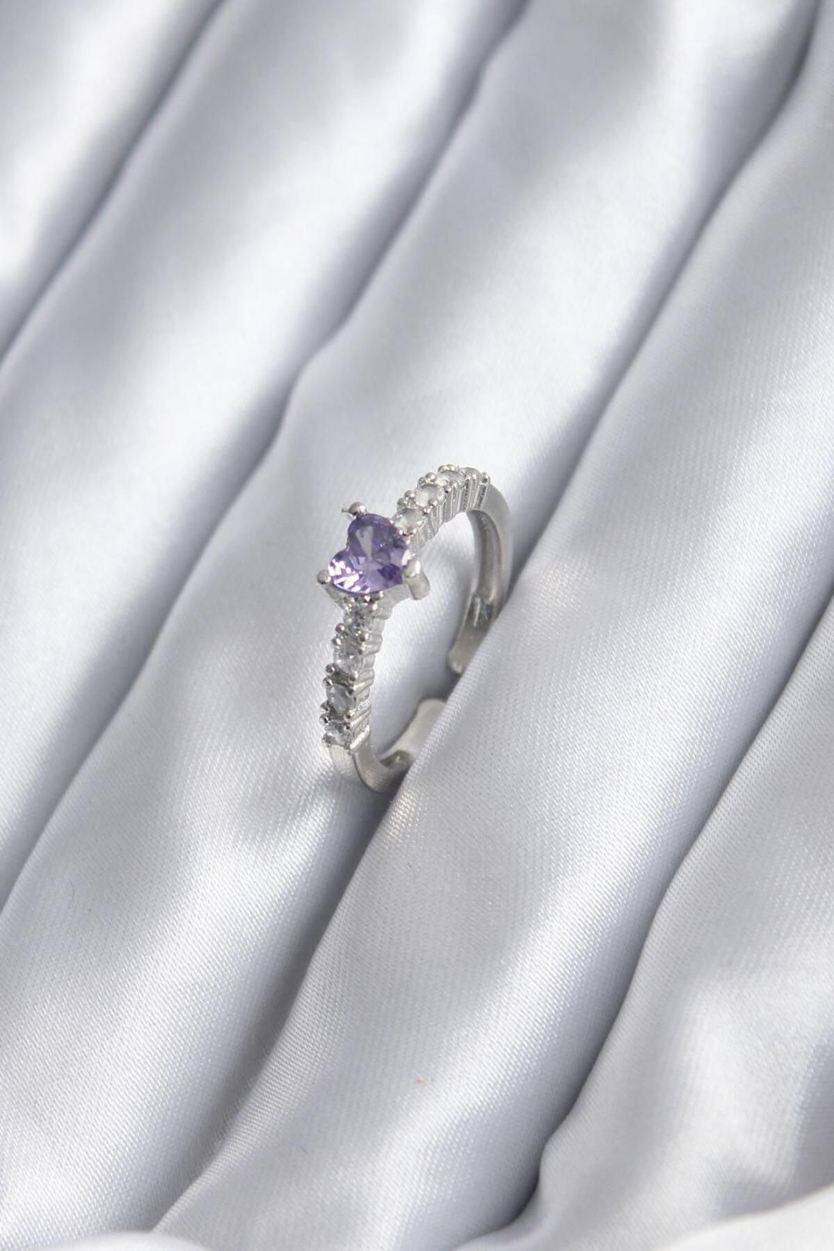 NV Jewellery Mor Zirkon Taşlı Kalpli Çelik Yüzük Ayarlanabilir Ciddi Iilişki Yüzüğü