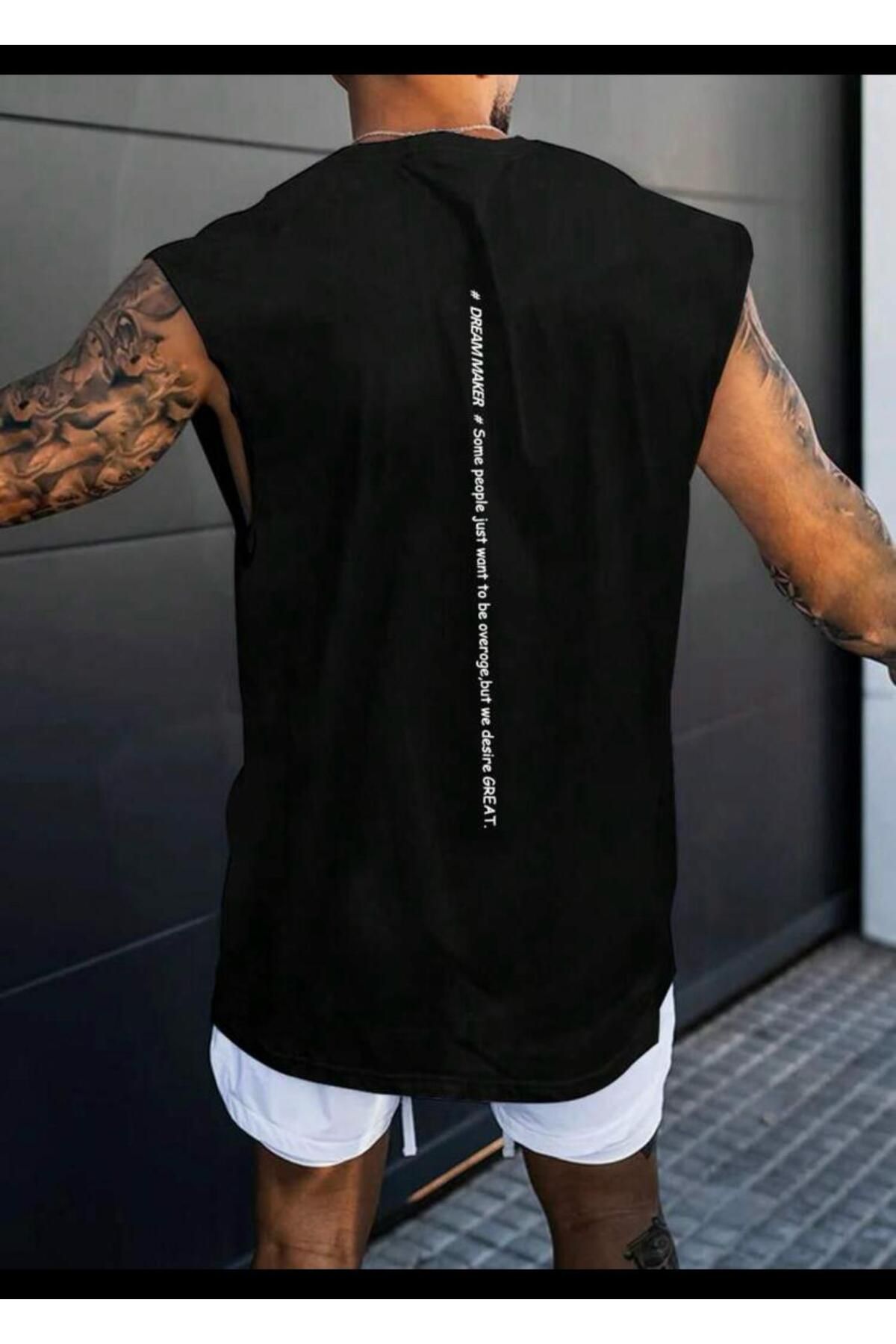 Combineman35 Erkek Siyah DREAM MAKER Sırt Baskılı Oversize Tshirt/Atlet