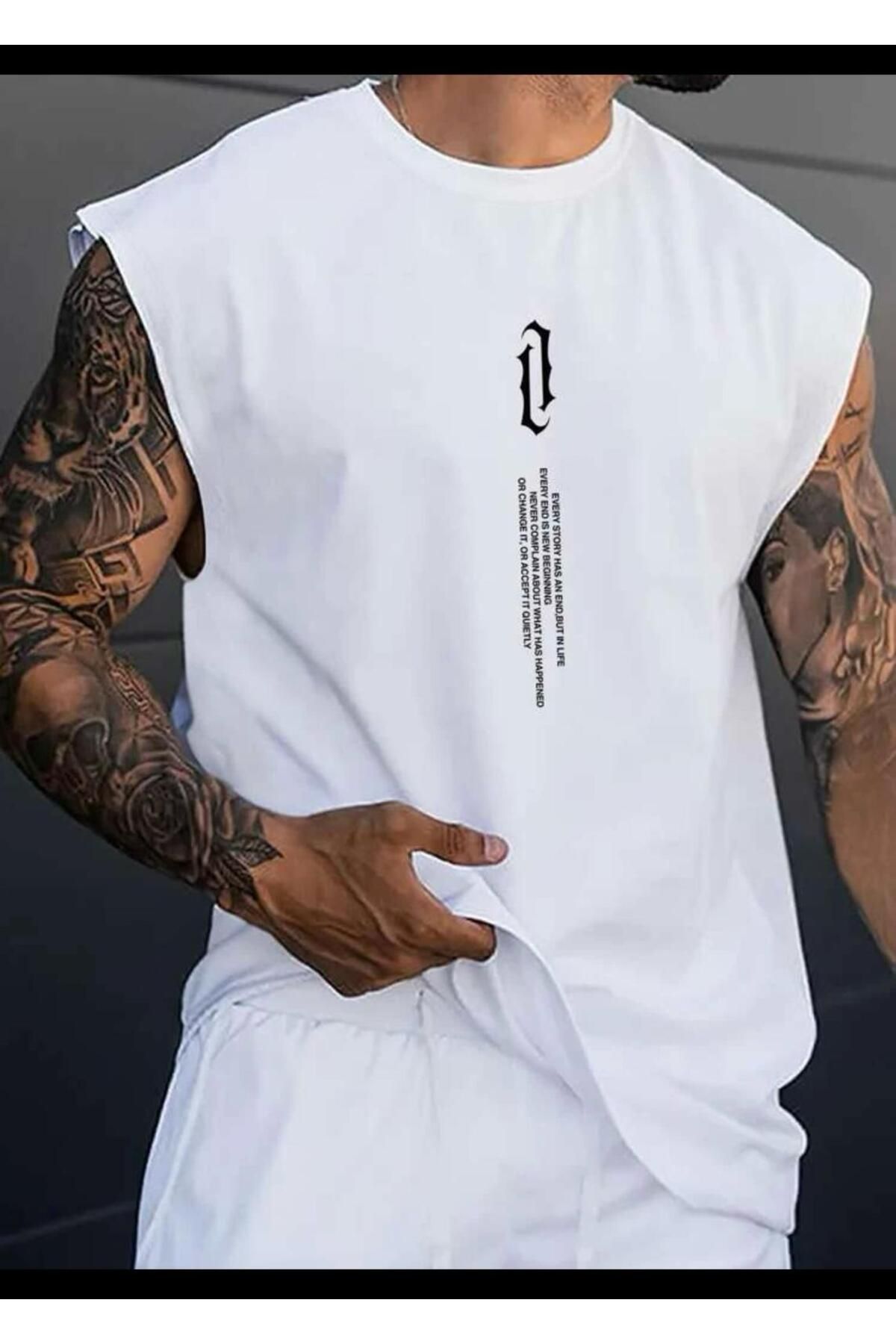 Combineman35 Erkek Beyaz, ÇENGEL Baskılı Oversize Tshirt/Atlet