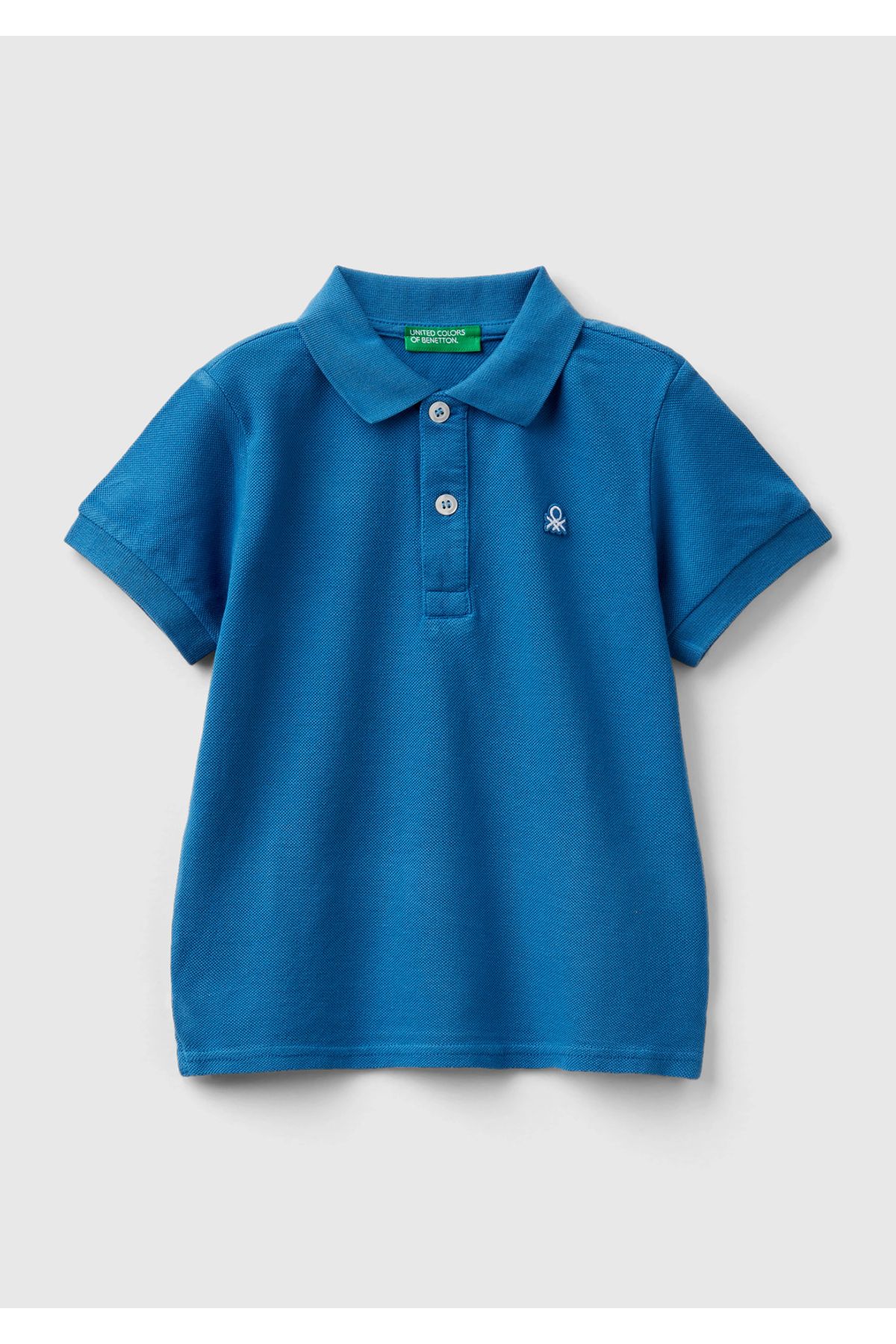 United Colors of Benetton Erkek Çocuk Saks Mavi Logolu Pike Polo T-Shirt