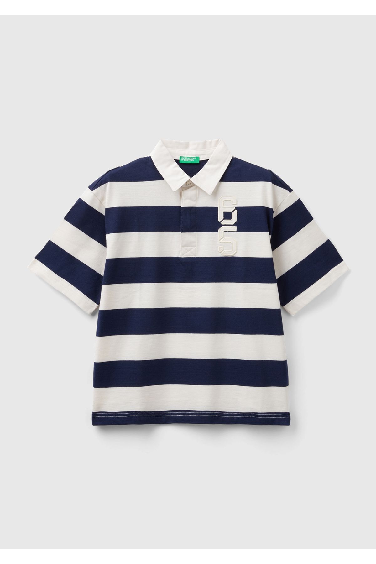 United Colors of Benetton Erkek Çocuk Lacivert-Beyaz Sol Göğsü ve Arkası İşlemeli Oversize Rugby Polo Tişört