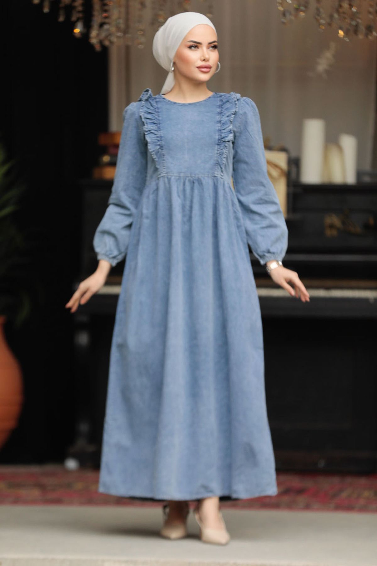 Neva Style Fırfır Detaylı Kot Mavi Tesettür Elbise 19104M