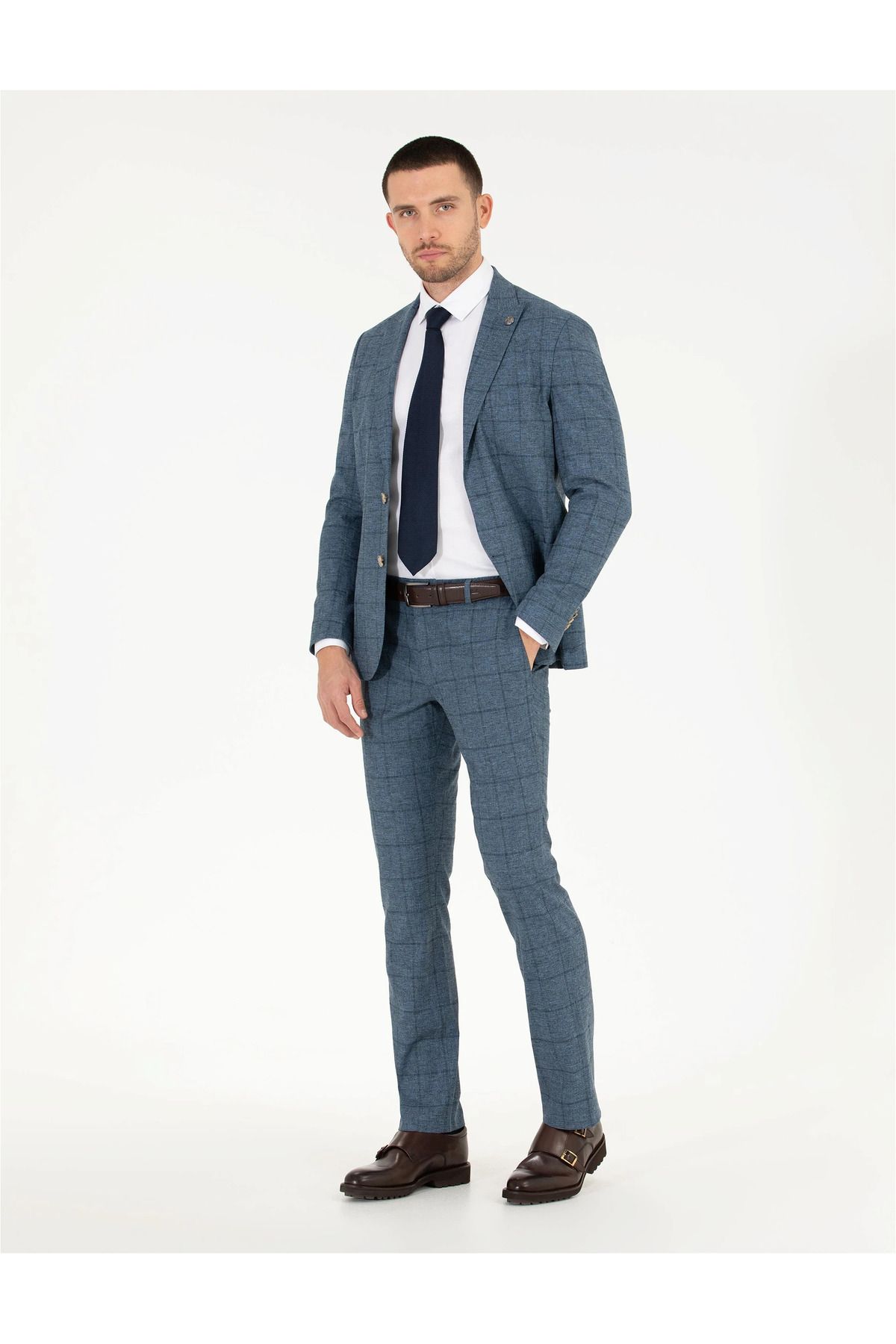 Pierre Cardin Erkek Ekose Slim Fit Takım Elbise-Açık Lacivert