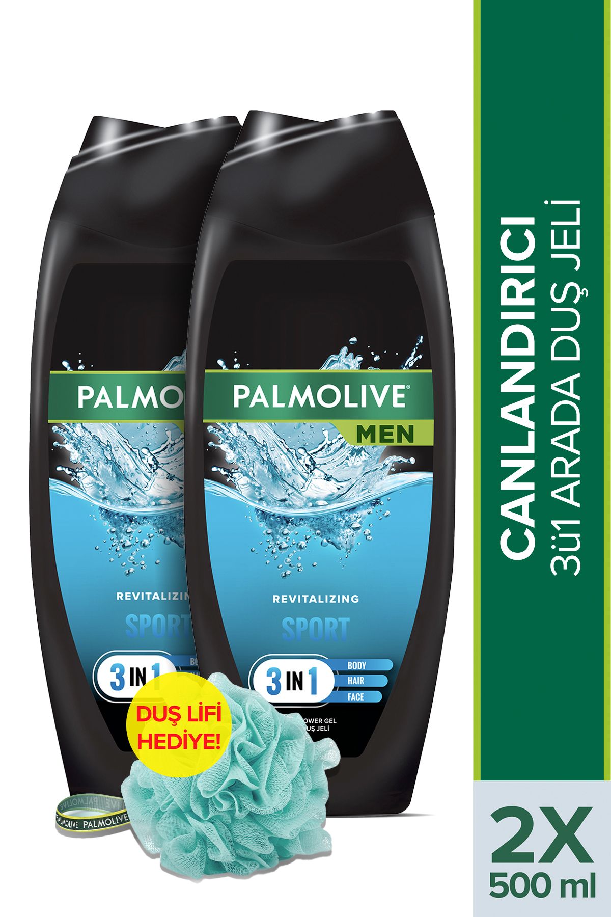 Palmolive Men Sport 3ü1 Arada Canlandırıcı Duş Jeli Ve Şampuan 500 ml X2 Adet Duş Lifi Hediye