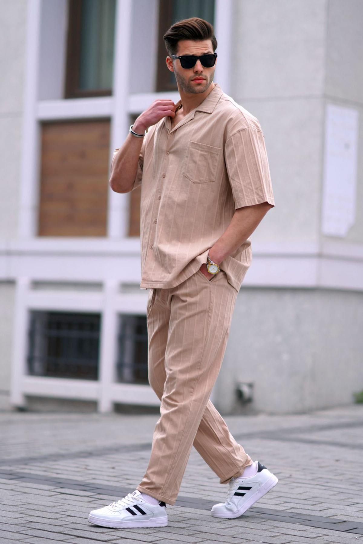 Madmext Erkek Bej Gömlek-Pantolon Takımı 5936