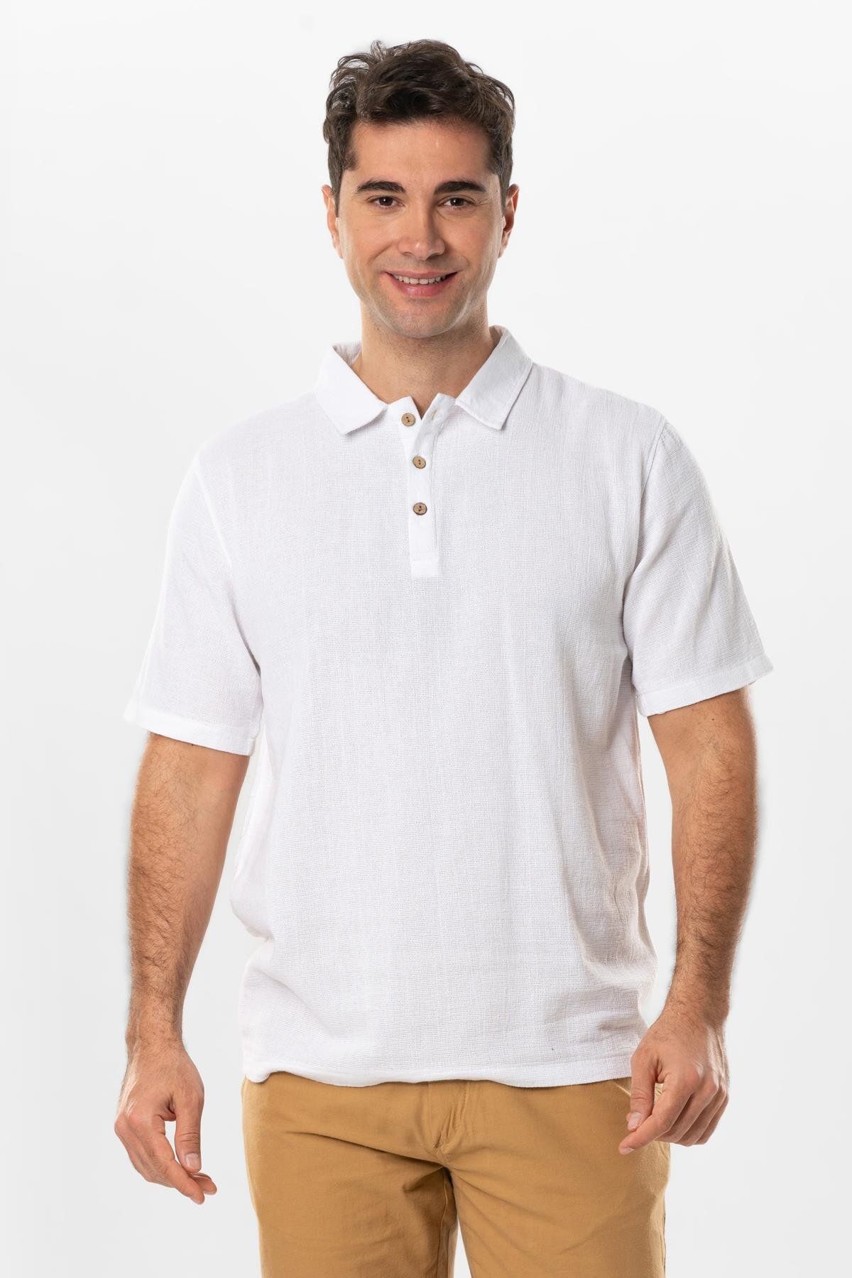 Eliş Şile Bezi Violet Kısa Kol Foça Düğmeli Erkek Yazlık Tshirt Beyaz Byz