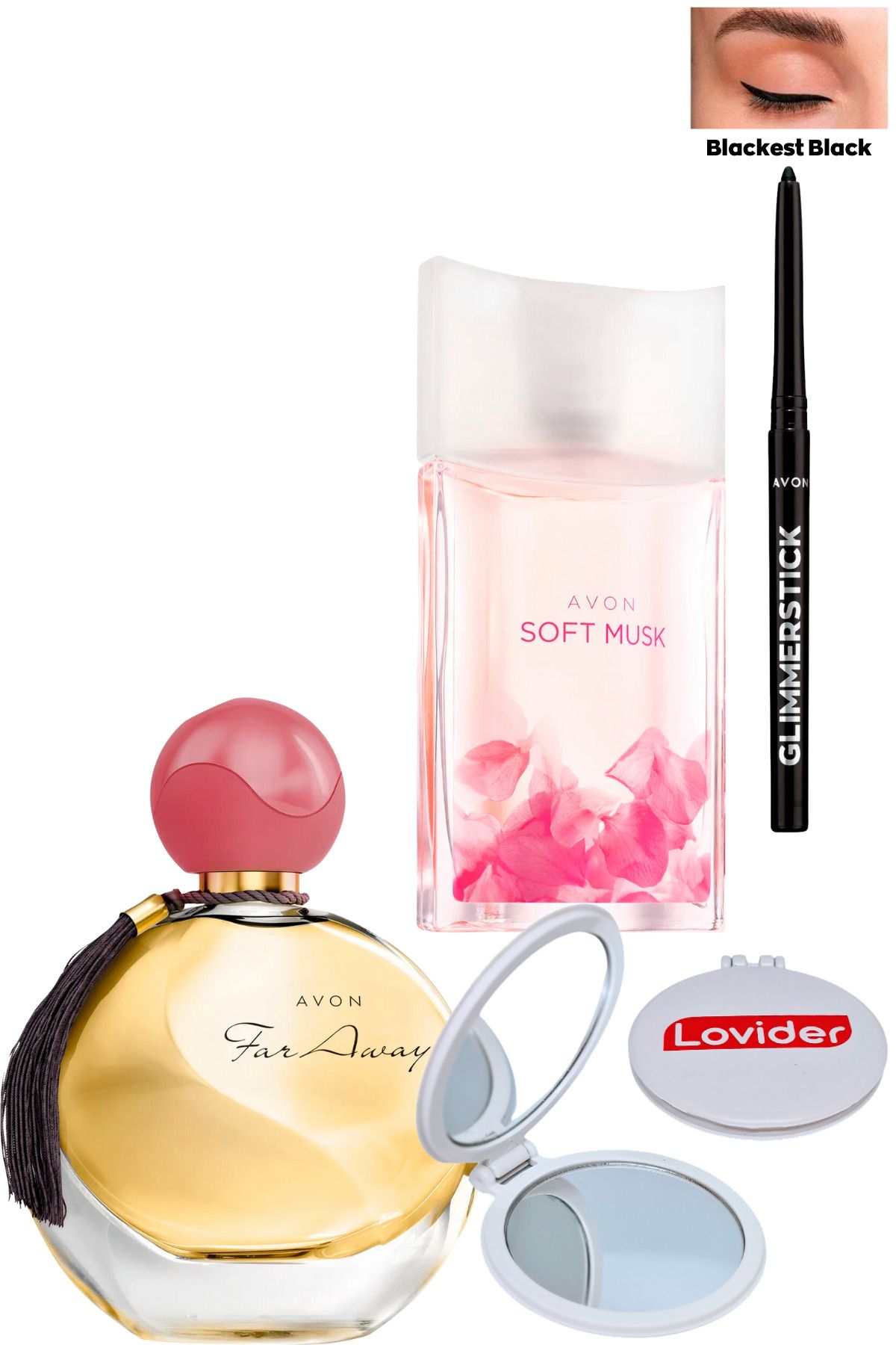 Avon Far Away 50ml + Soft Musk 50ml Kadın Parfüm + Siyah Göz Kalemi + Lovider Cep Aynası