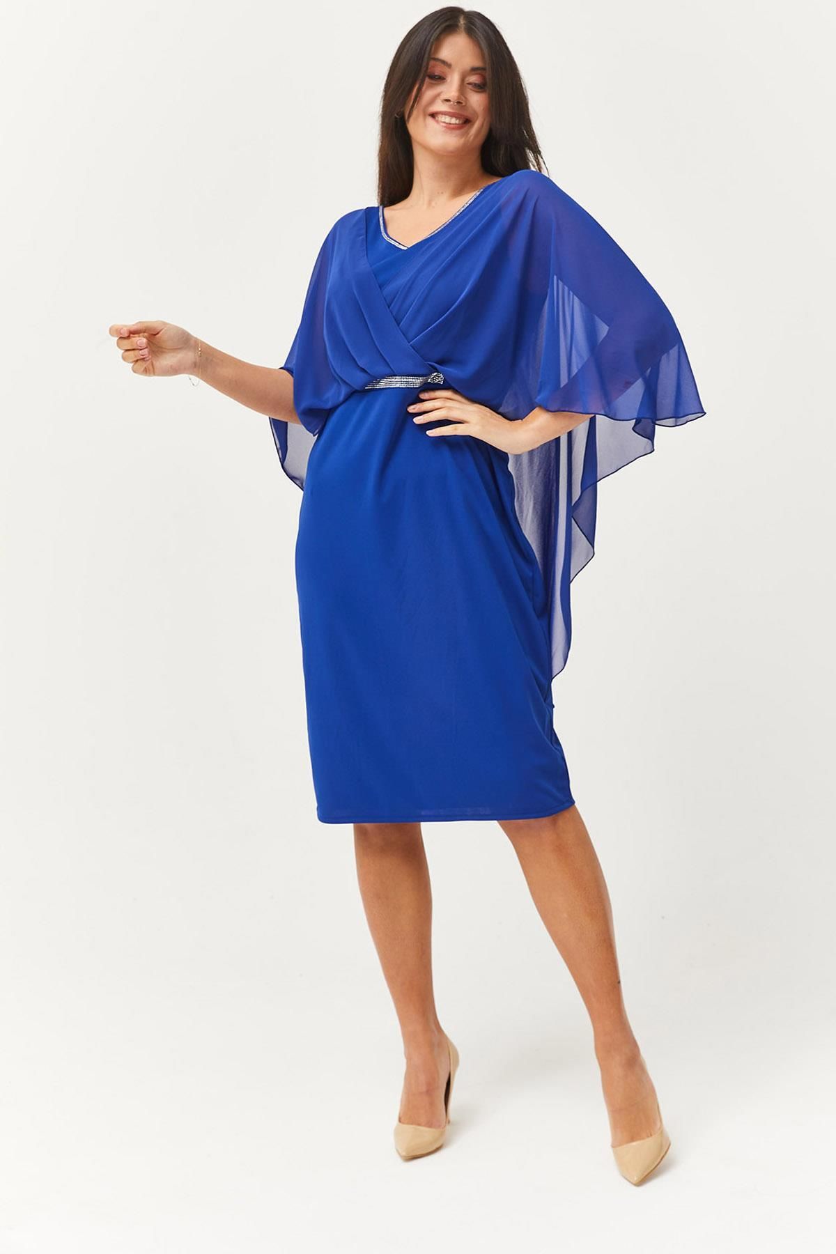 Ebsumu Kadın Büyük Beden Şifon Kol Ve Taş Detaylı Saks Abiye & Gece Elbisesi