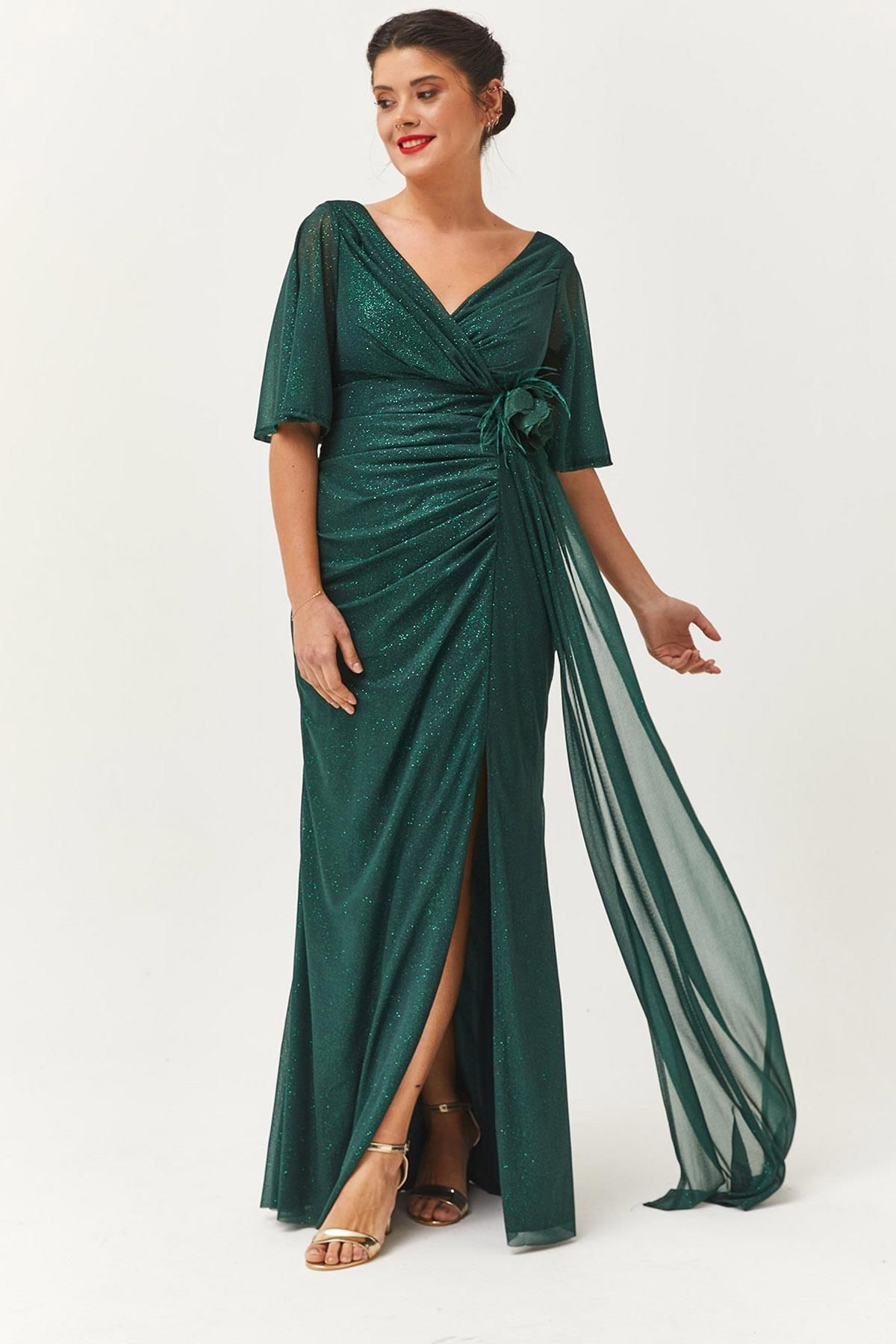 Ebsumu Kadın Otrişli Çiçek Detaylı Uzun Yeşil Abiye & Gece Elbisesi
